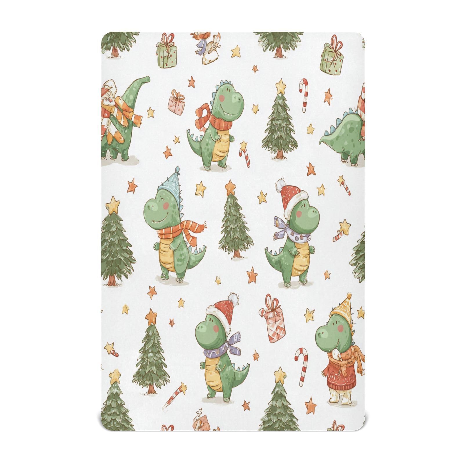 Cgiub Christmas Dinosaurs Crib Sheet for Boys and Girls 132x71x23 cm Cot Sheet Baby Sheet Jersey Soft Breathable Fitted Sheet for Standard Cribs and Toddler Mattresses