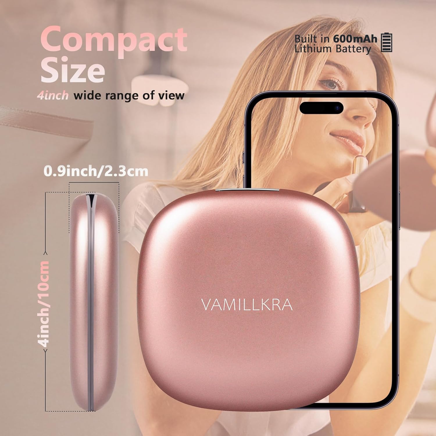 Travel Mirror with Light, 1X/7X Magnifying Mirror, 4 Inch LED Lighted Rechargeable Compact Makeup Mirror, 3 Colors Dimmable Light Up Portable Pocket Mirror for Handbag (Rose Gold 7X)