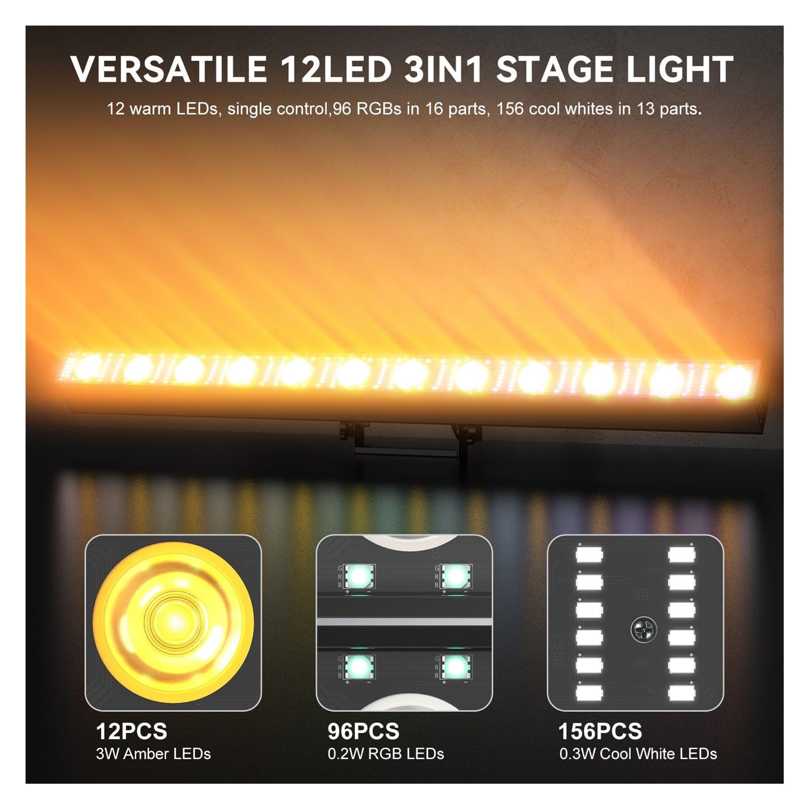 Luz LED RGB, Barra de luces pared RGB 150 W, 12 LED estroboscópicas 3 for escenario, DMX for bar, discoteca, boda o fiesta