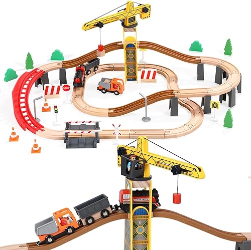Miniatura 10 de Giant bean Juego de 117 piezas de tren de ciudad ocupado para niños, juego de vías de tren de madera ampliables y cambiables, regalo para niños y
