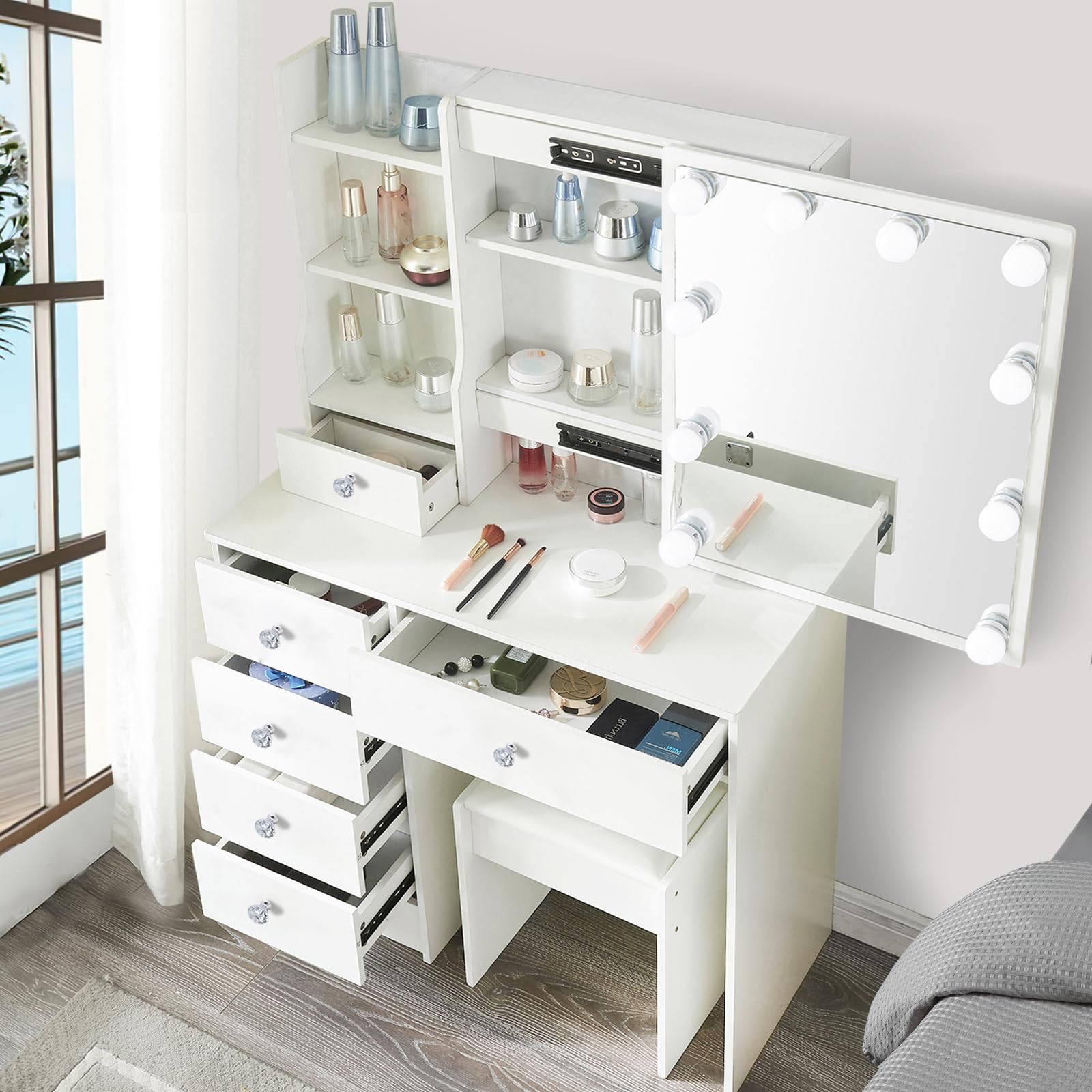 Vanity Desk with Mirror and Lights Makeup Vanity Table with LED Lighted Mirror 3 Lighting Color Brightness Adjustable,White Makeup Vanity with Stool and Drawers for Girls Women Bedroom (H3139)