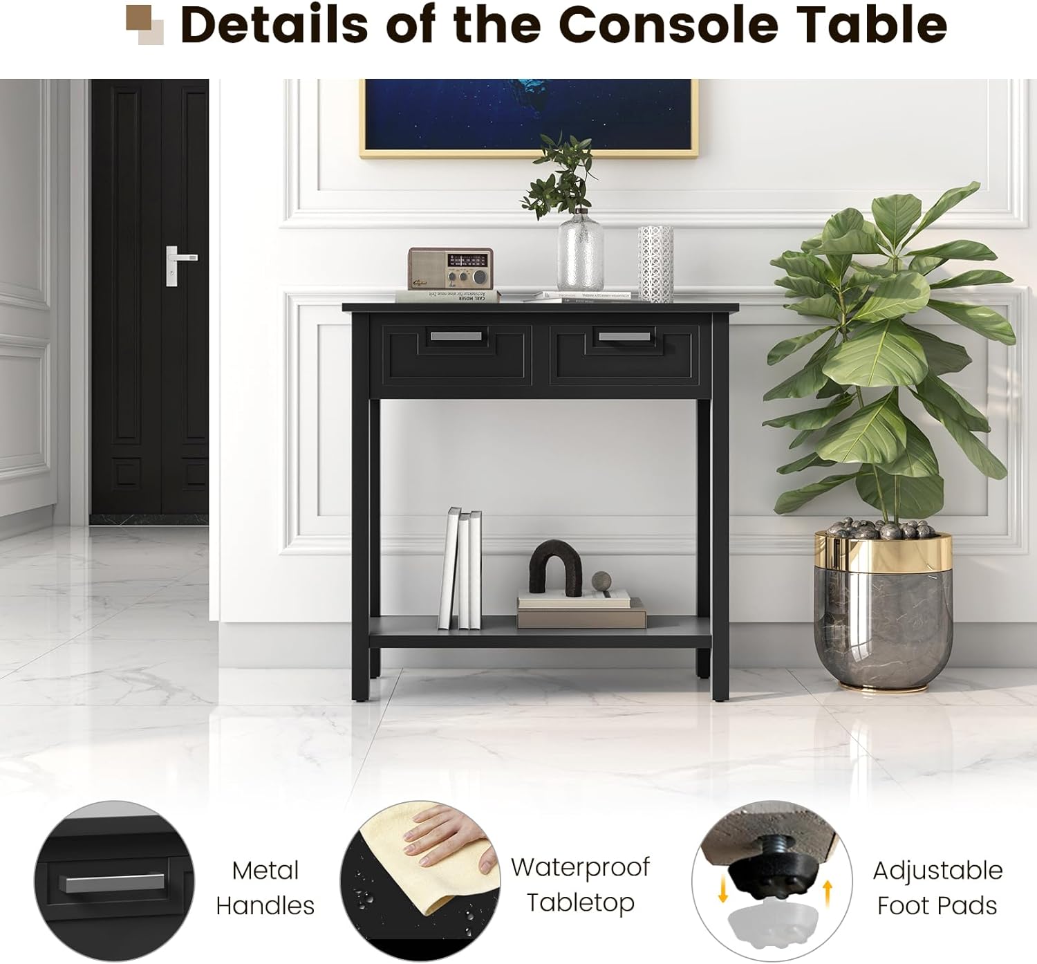 Narrow Console Table, Sofa Table with 2 Drawers, Open Storage Shelf & Solid Wood Legs, Entry Table, Behind Couch Table, Entryway Table for Living Room, Entrance, Hallway, Foyer (Black)