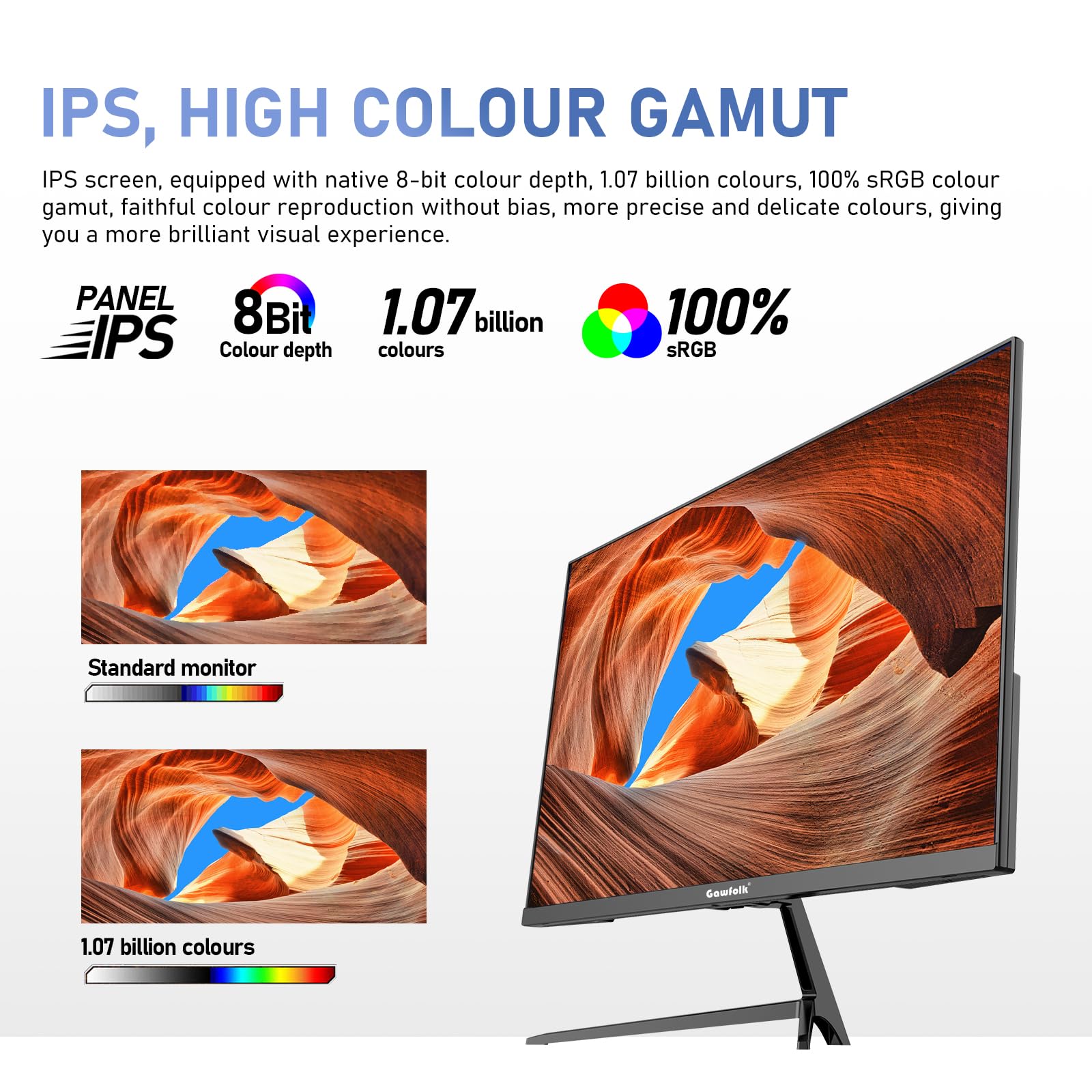 Gawfolk 27 inch IPS 2K QHD (2560×1440) Computer Monitor 75Hz Gaming PC Screen, 1ms，Adaptive Sync,100% sRGB, 1.07 Billion Colours,DisplayPort 1.4、 HDMI2.0, Built-in speaker- Black — view 3