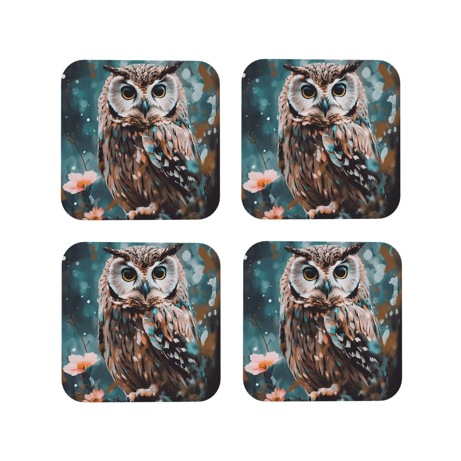 4Pcs PU Leather Coaster for Drinks, Animal Cute owl Cup Coastersr 4" Cup Mat Pad, Aesthetic Drink Coasters for Coffee Table, Square Coaster for Tabletop Protection