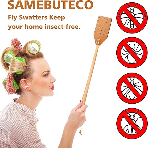 Miniatura 5 de SAMEBUTECO Matamoscas de cuero resistente cuero marrón con mango largo de madera de haya para interiores y exteriores 19.7 pulgadas