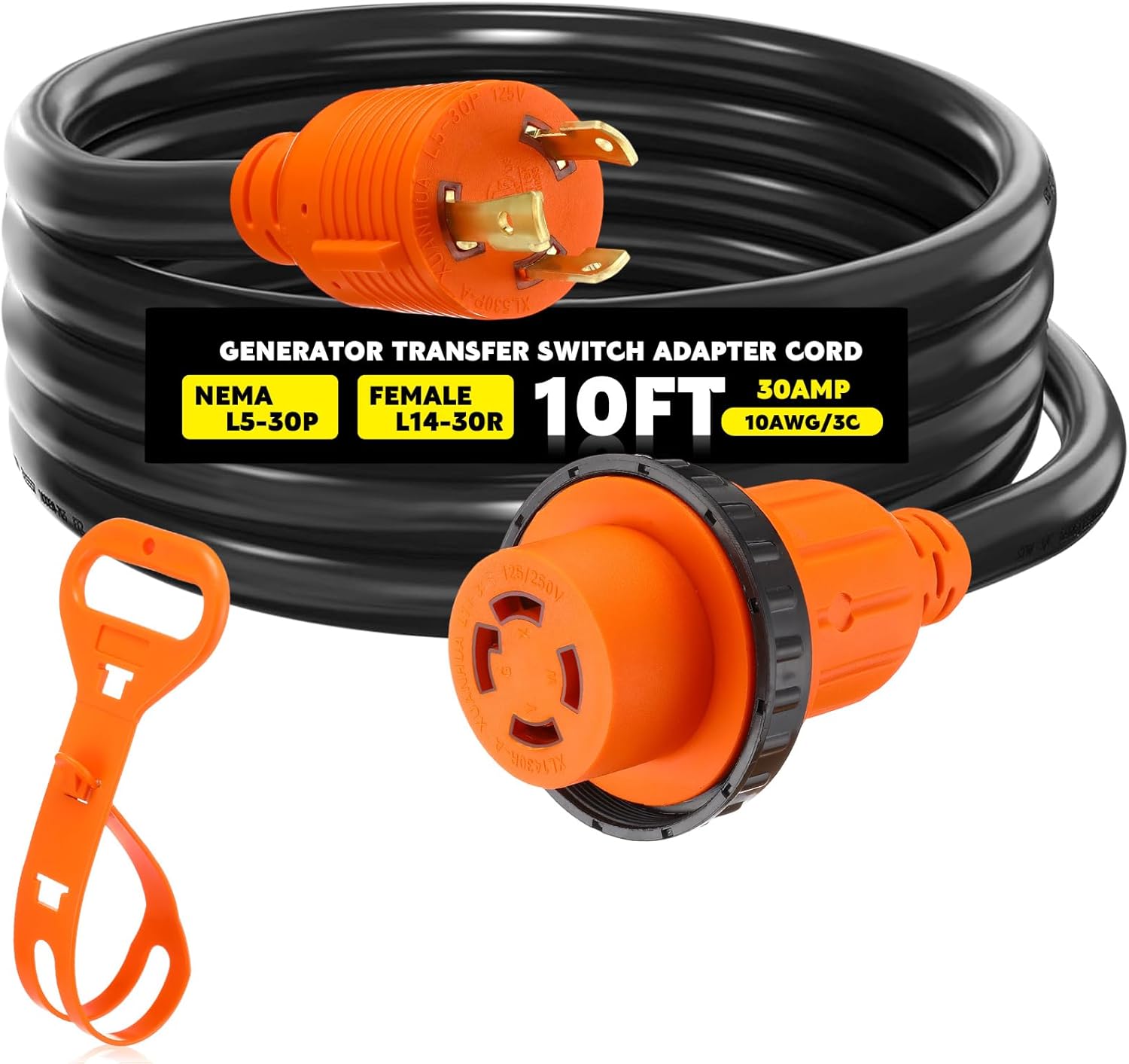 NEMA L5-30P to L14-30R Generator Transfer Switch Adapter Cord, 30 Amp Locking L5-30P Male to L14-30R Female Locking Ring Generator to House Inlet Box Adapter, STW 10 AWG, ETL Listed(10ft)