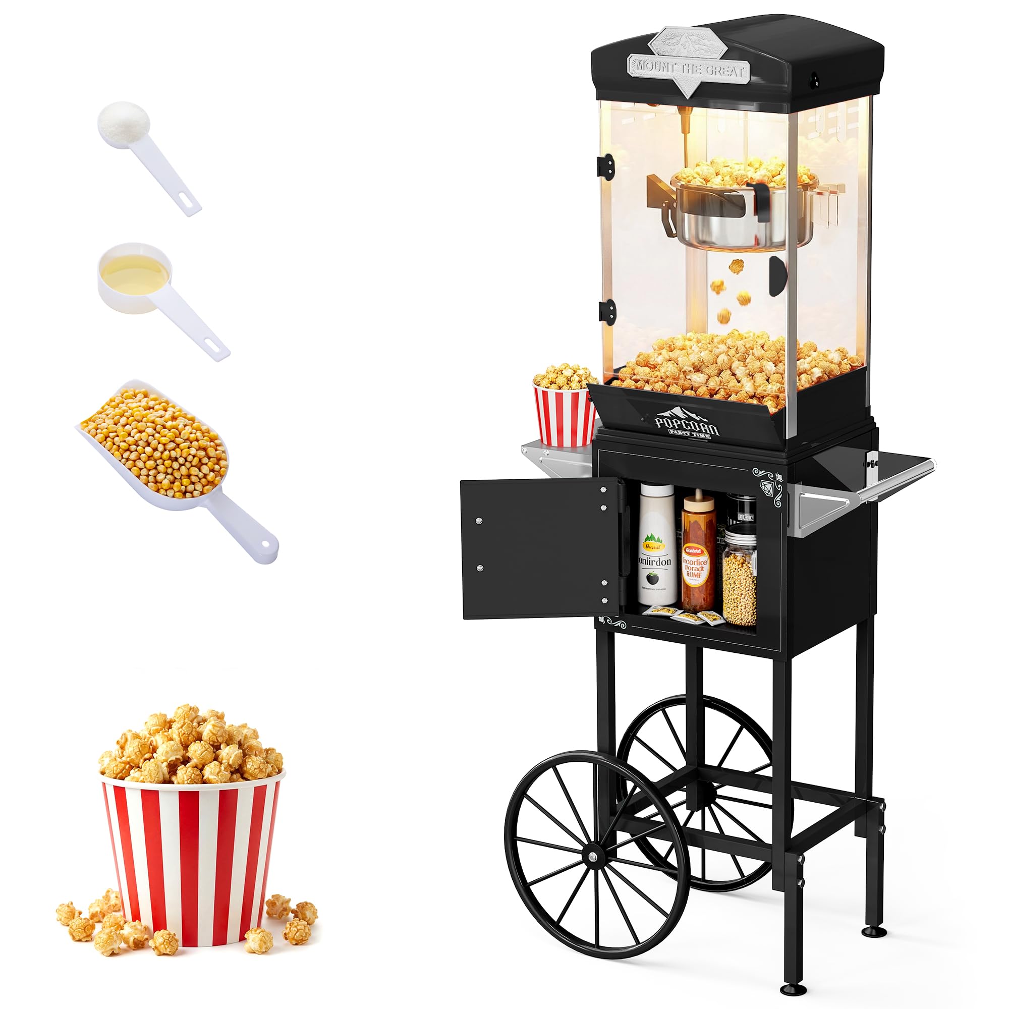 Popcorn Machine, 10 Oz Vintage Popcorn Machine Cart with Wheels, Professional Movie Theater Style Popcorn Popper Makes Up to 40 Cups, Popcorn Maker Machine for Home &amp; Commercial (Onyx Black)