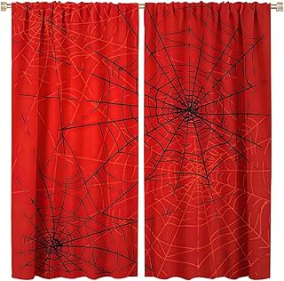 Scary Spider Web Kids Blackout Curtains Window, Black and White Spider Web Red Background, Boys Kids Bedroom Nursery Toddler Home Decor 42x45in 2 Panels