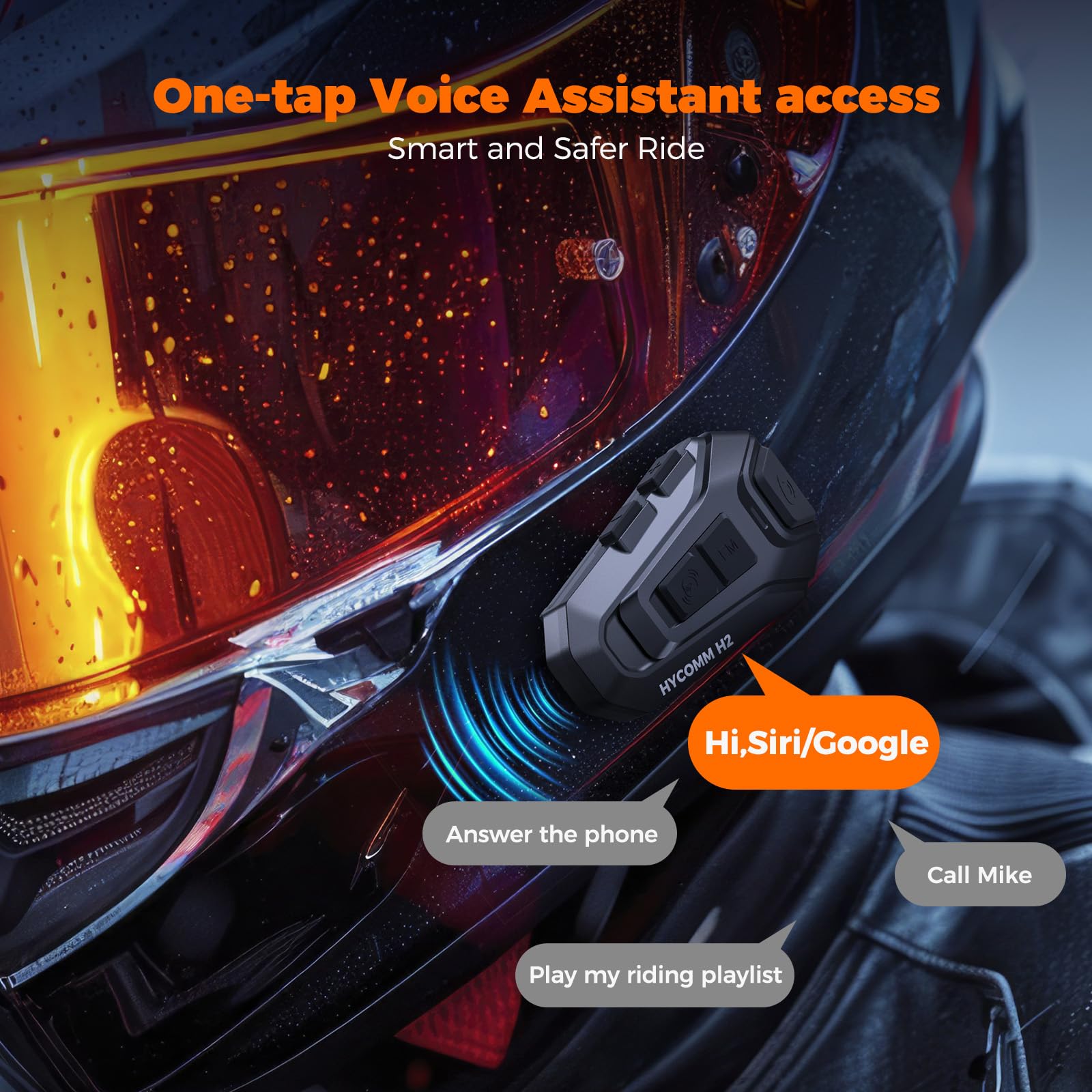 H2 Auriculares Bluetooth para Casco de Moto, Intercomunicador 2 Vías 1 Botón, 35h Batería, IP67 Impermeable, Cancelación de Ruido, Manos Libres con Asistente de Voz