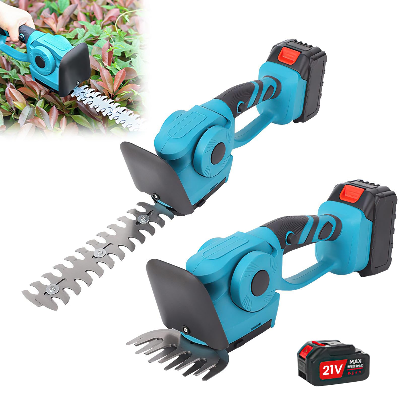 Cordless Hedge Trimmer & Grass Shear, 2-in-1 Electric Grass Trimmer Hedge Trimmers Cutter with 2 Interchangeable Blades, 1x 21V Battery/2x 21V Batteries for Garden, Shrub, Lawn Trimming (1 Battery)