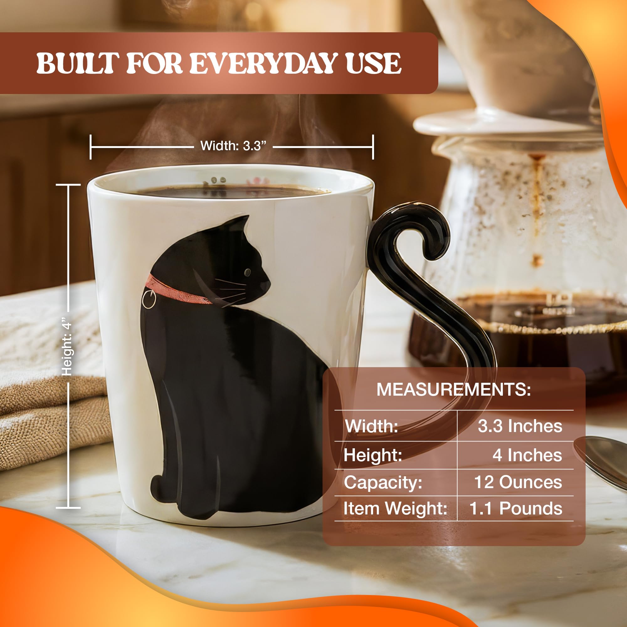 Amazon.com: VOTUM Black Cat Coffee Mug, 12 oz Ceramic Tea Cup with Tail  Handle and Paw Prints Inside  Cute Handmade Gift for Feline Lovers, Women,  Men  Unique Birthday or Holiday