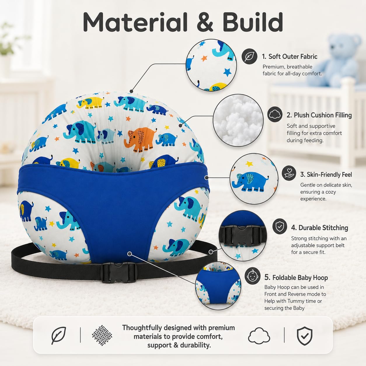 Kradyl Kroft 5in1 Baby Feeding Pillow with 100% Cotton Removable Cover | Breastfeeding Pillow | Nursing Pillow with Belt and Hoop (Cute Ellis) 3
