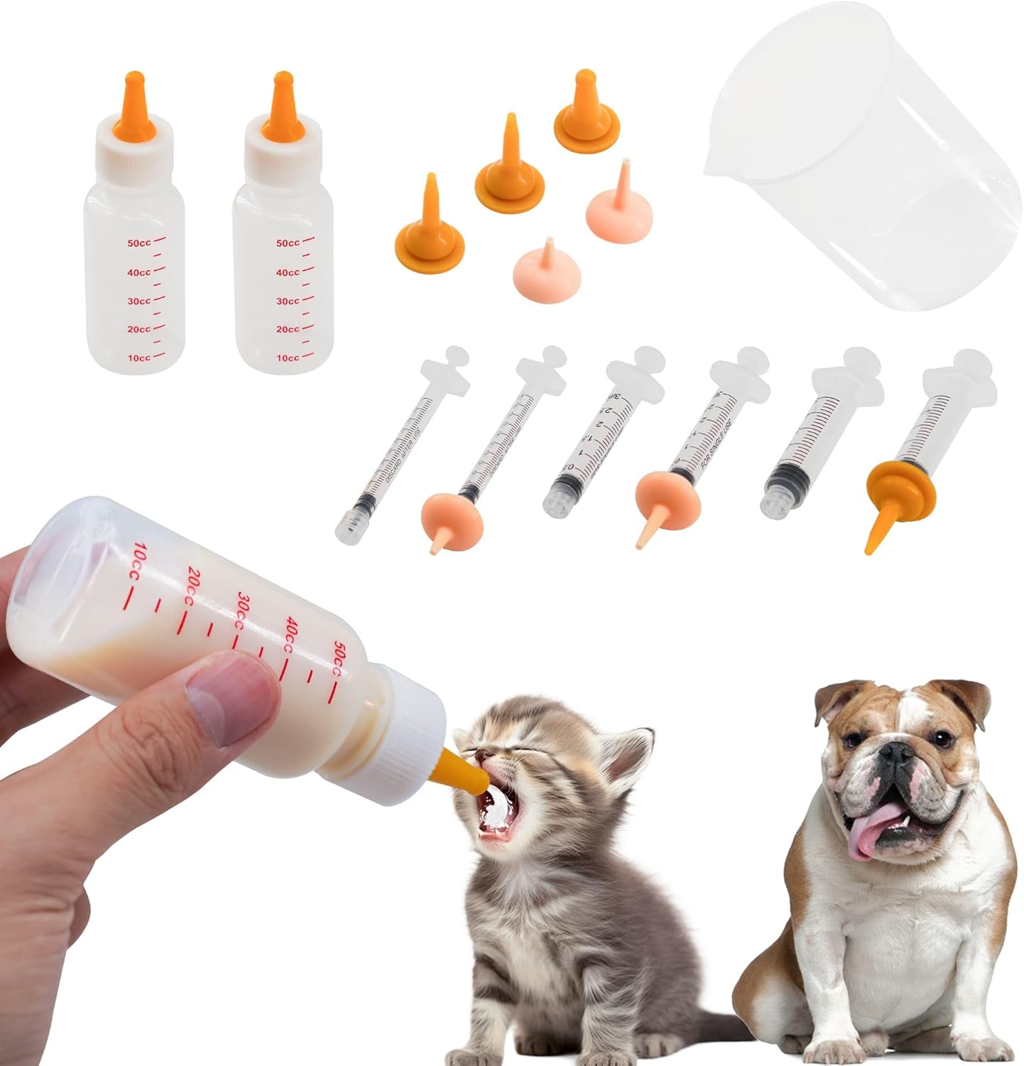 Pet Feeding Bottle and Syringe Set for Puppies and Kittens(2 Bottles,6 Syringes,10 Nipples,1 Storage Measuring Cup)