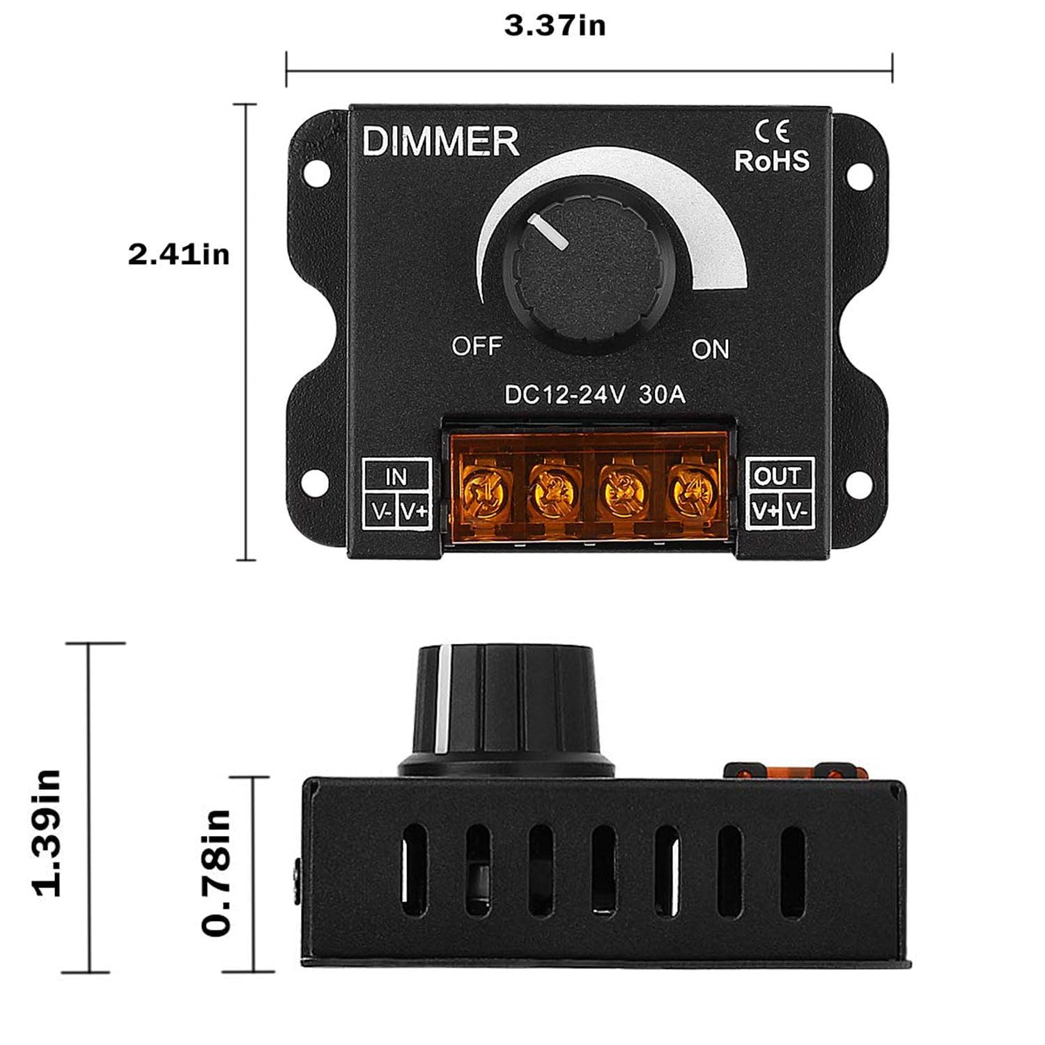 Gebildet 2pcs Contrôleur de Gradation PWM DC12V/24V 30A,Bouton de Réglage de la luminosité,Interrupteur Marche/arrêt pour Bandes Lumineuses LED Monochromes,Variateur de lumière LED à Coque Métallique