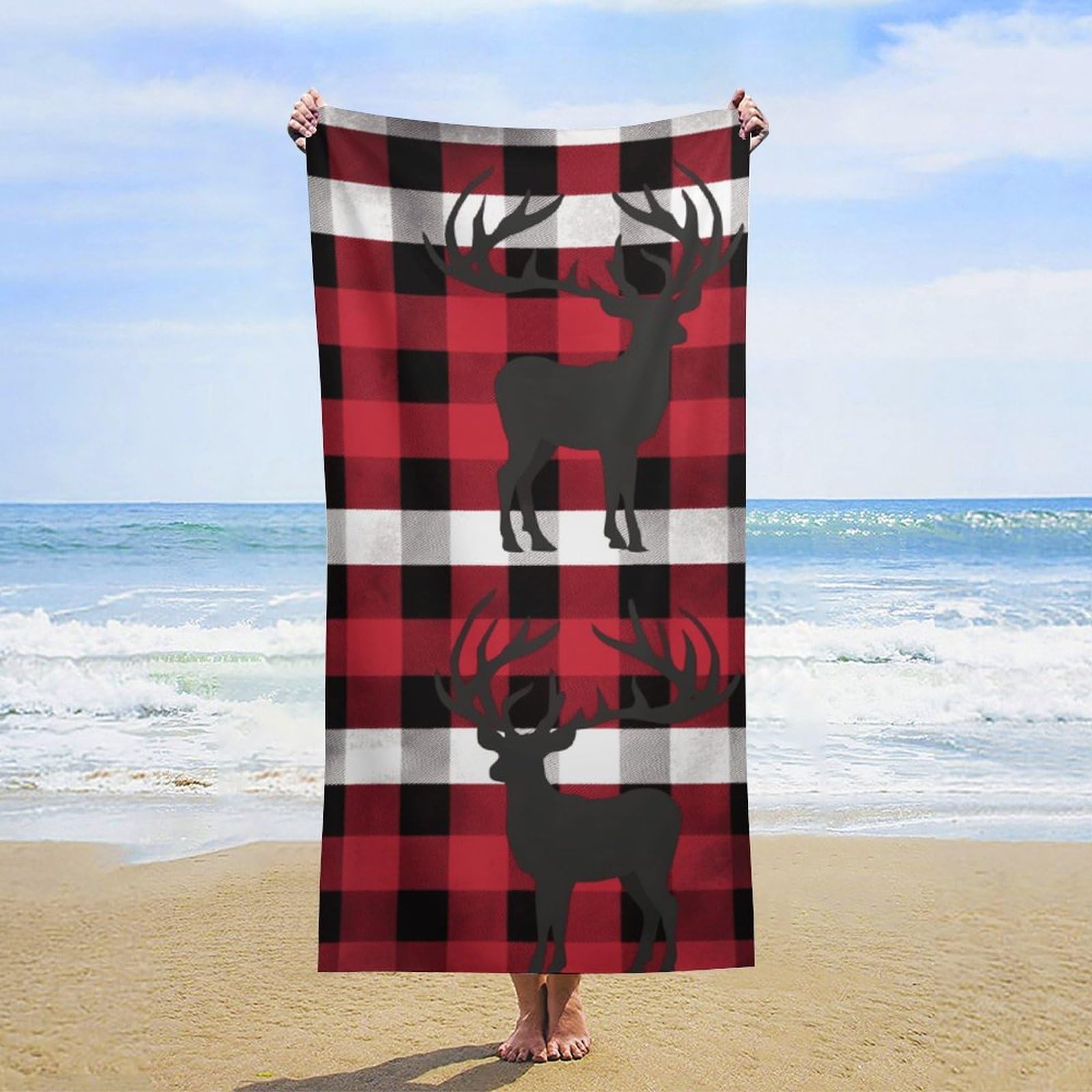 NTVOWPZO Buffalo Plaid Deer Beach Towel Oversized Microfiber Bath Towels Lightweight Sand Proof Beach Towels Absorbent Pool Towels for Swimming Yoga Bathroom Towel 31.5" X 63"