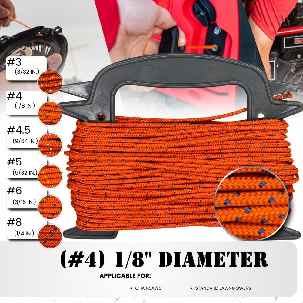 SGT KNOTS #4 Polyester Pull Cord - Small Engine Replacement Cord Rope for Lawn Mowers, Generators & More (1/8 in. x 300ft) Orange with Blue Tracer