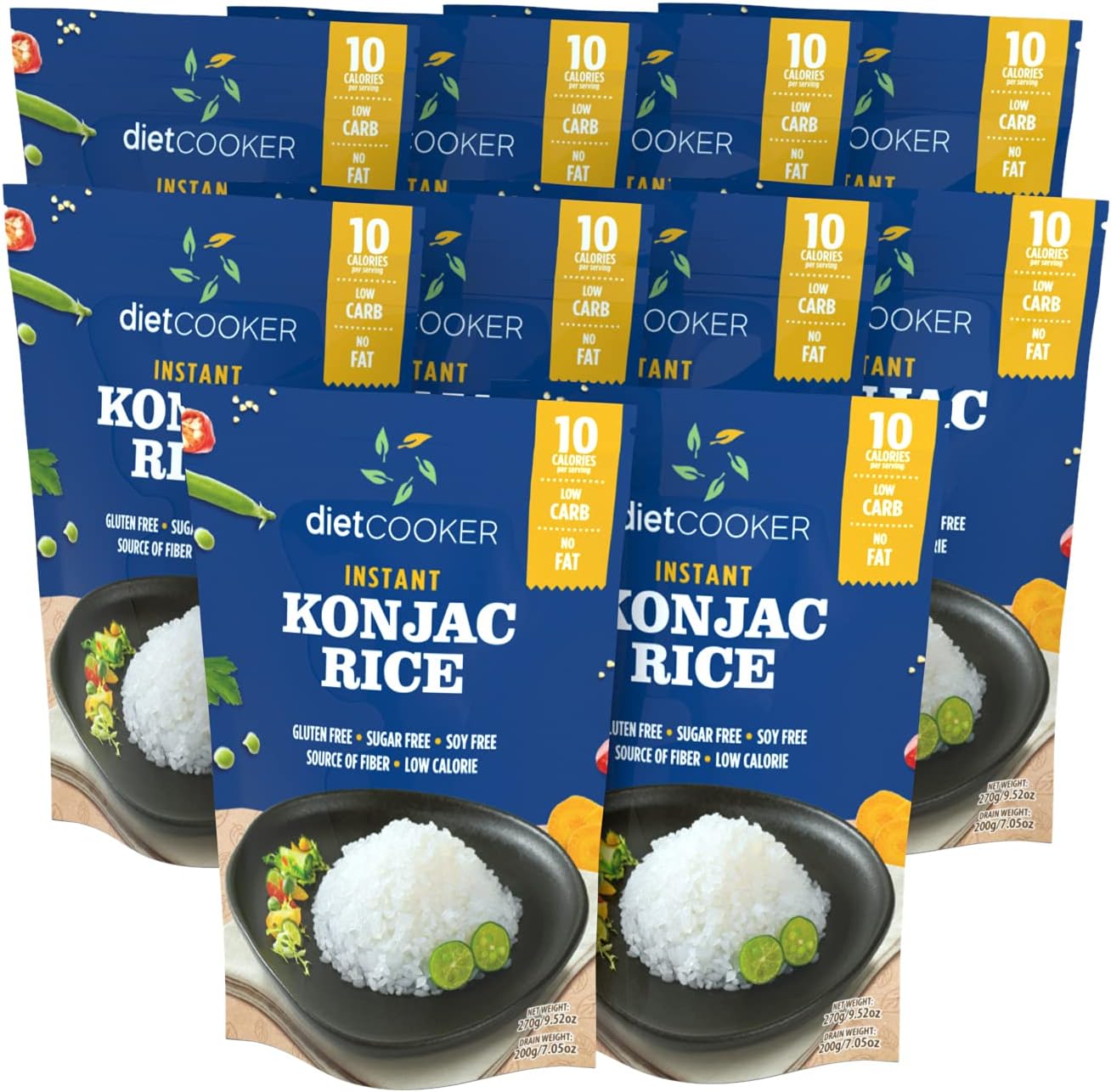 Shirataki Rice, DIET COOKER Konjac Rice 10 Pack Inside, Keto & Vegan Friendly, 9.52 oz, Odor Free, Low Calorie, Zero Net Carbs, Slim Rice Healthy Diet Food