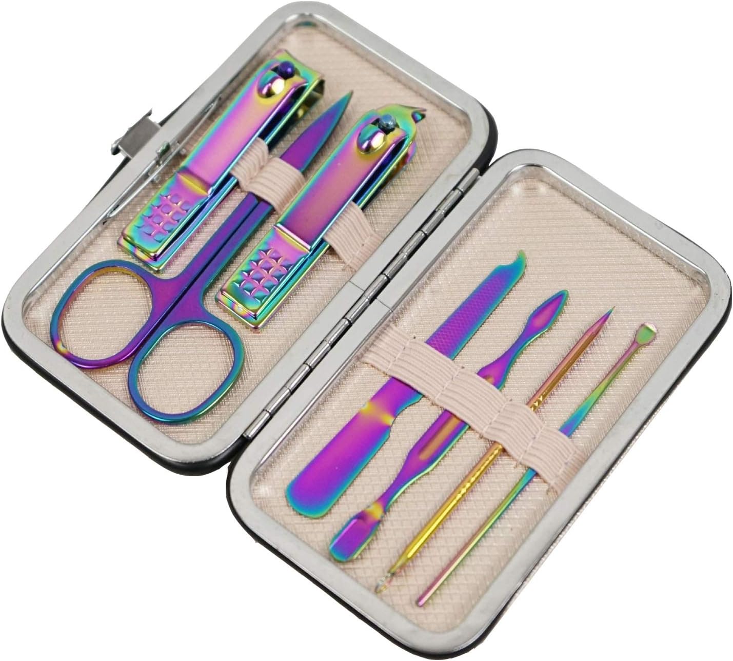 Giftik 7 STKS Regenboog Manicure Sets voor Vrouwen, Professionele Rvs Nail Clippers Pedicure Kit Grooming Tools voor Meisjes, Draagbare Case voor Reizen en Thuis (7 STKS)