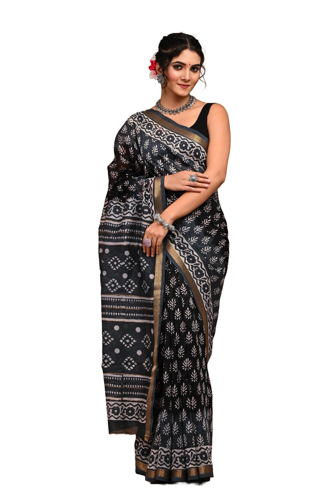 GenericSVASTICA Traditional Bagru Print Hand Block Maheshwari Silk Saree Baltic Sea With Beautiful Print