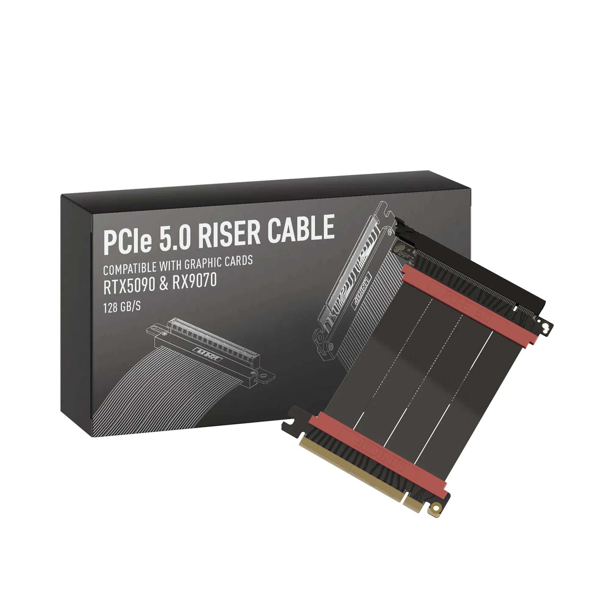 LINKUP - AVA5 PCIE 5.0 Riser Cable | RTX5090 RX9070 GPU Ready | x16 128GB/s Speed | Compatible with PCIe 4.0 & WRX80/WRX90E & SilverStone Fortress Mini-ITX | Straight, Black 10cm (Total Length 14cm)