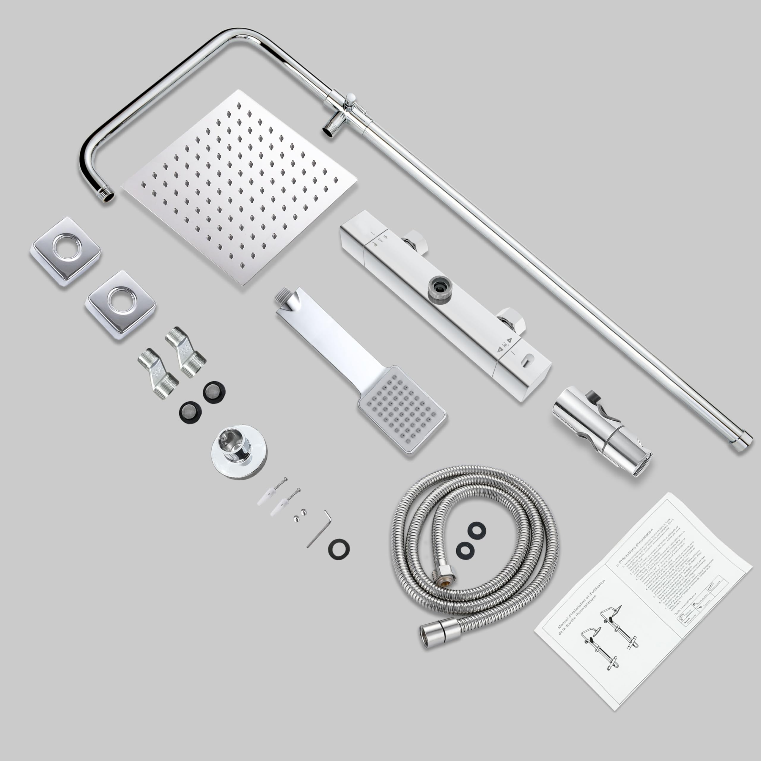 AICA Ensemble de colonne de douche thermostatique pour salle de bain, robinet de douche thermostatique, douche de tête carrée, chromé, hauteur réglable 715 mm-1205 mm (style2)