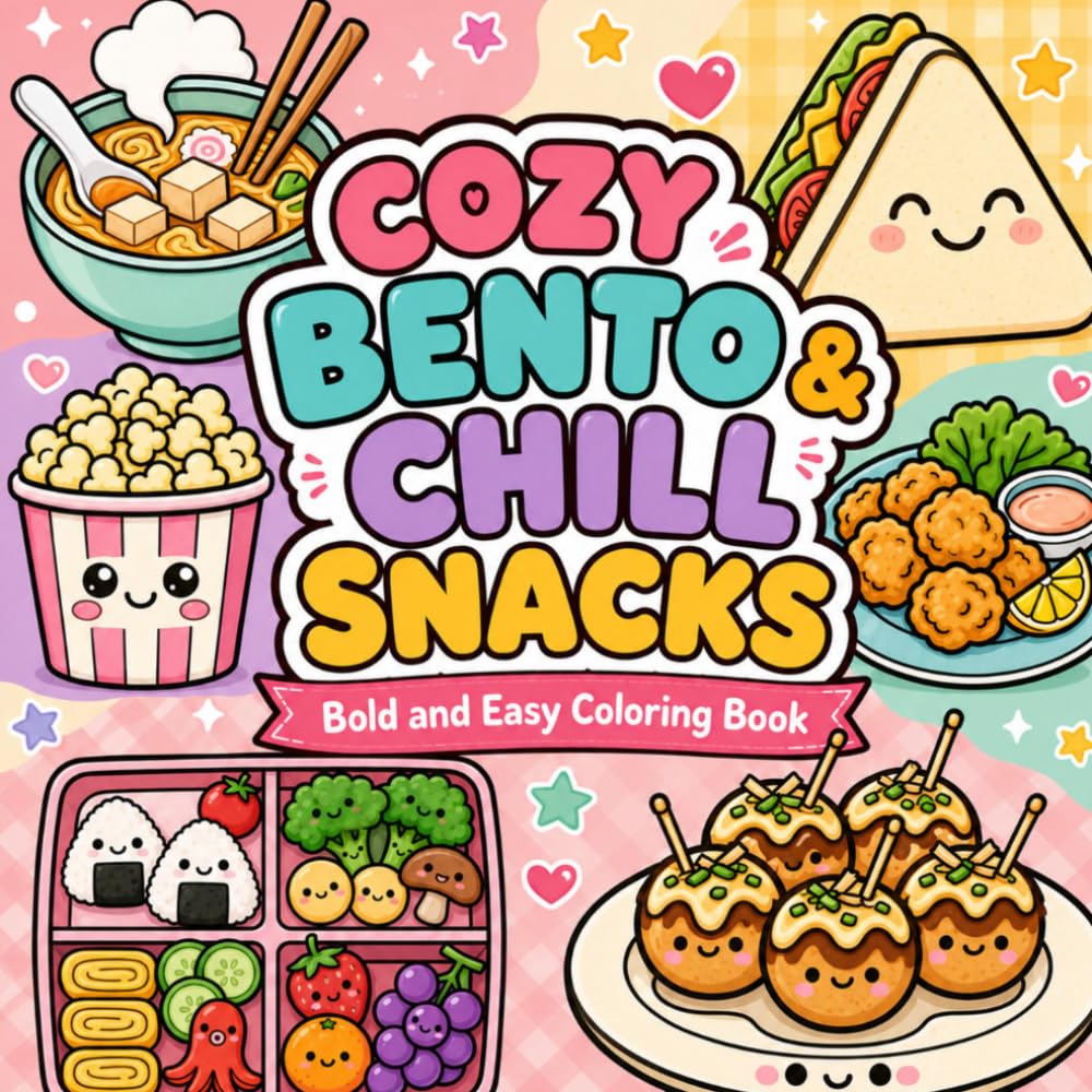 Cozy Bento & Chill Snacks: Bold and Easy Coloring Book for Adults, Teens, and Kids Featuring 50 Cute Kawaii Japanese Food, Ramen, Sushi, and Sweet Treats for Relaxation