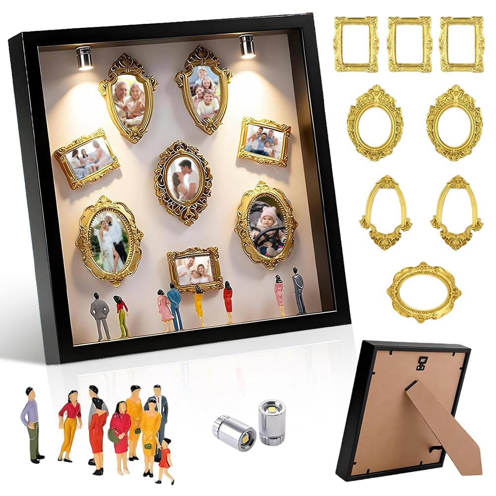 SKJJM DIY Mini Museum Silhouette Box, Shadow Box Frame with Lights, Golded Minis Frames and Figurines People, Mini Photo Frames Creative Memory Display Kit for Anniversary Birthday Wedding Home Decor