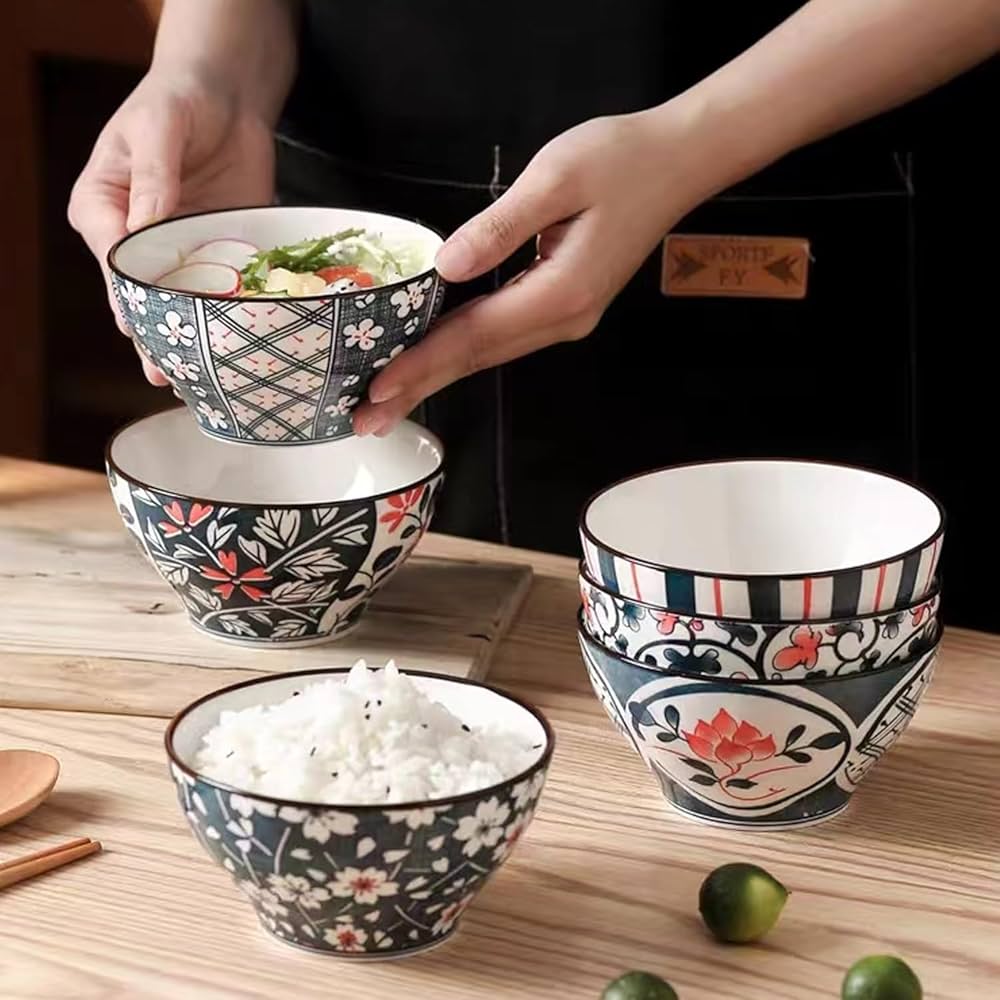 Amazon.co.jp: お茶碗 飯碗 直径約12×高さ6.5cm 6柄 370cc 食器