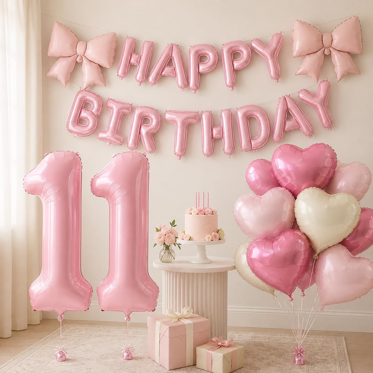 Pink 11th Birthday Decorations for Girls, Birthday Balloon Set with 32 Inch Number 11 Balloons, Happy Birthday Letter Banner, Bow and Heart Foil Balloons — image 1
