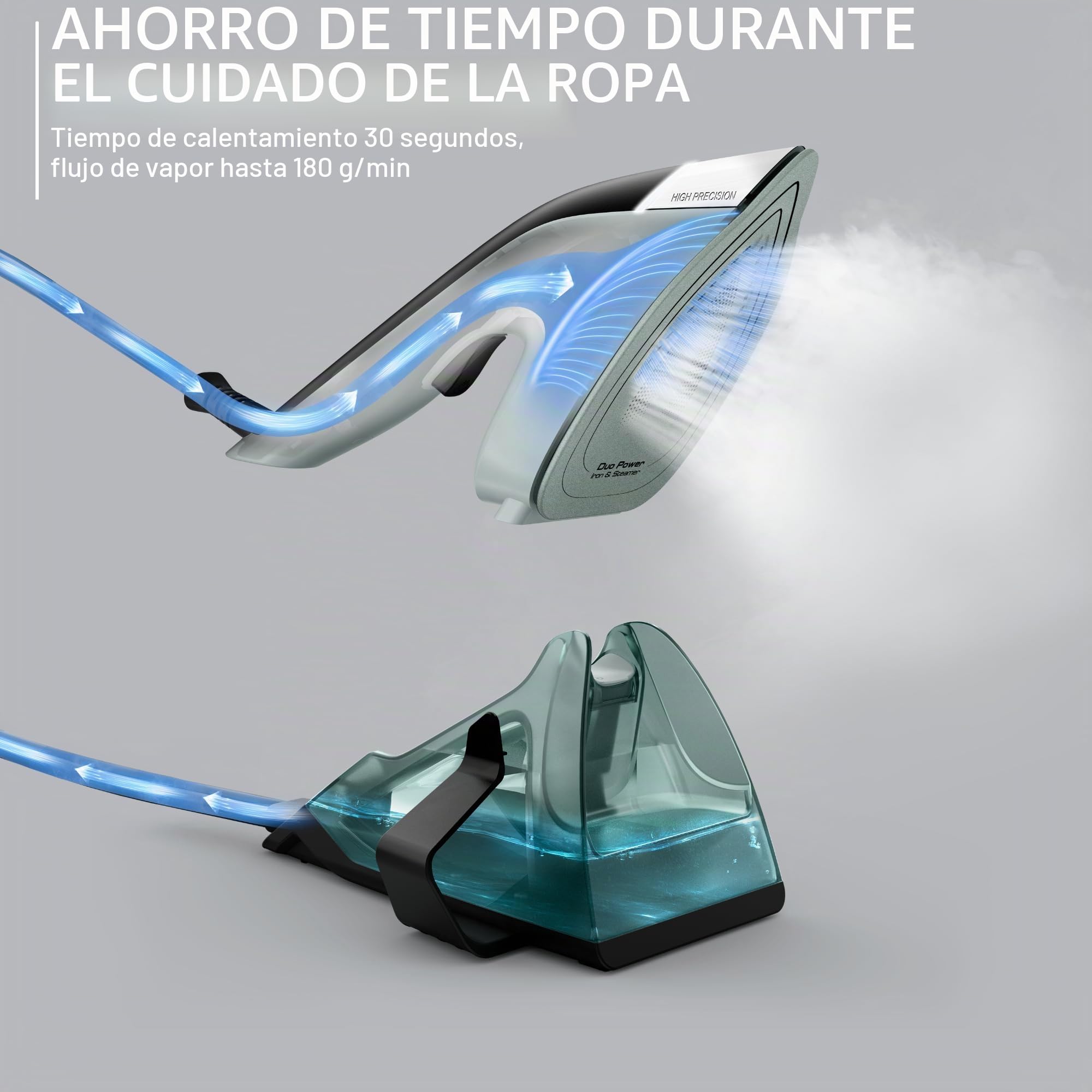 Tefal Duo Power JF4031E0 - Plancha y plancha de vapor 2 en 1 (1700 W, 25 g/min de vapor, 100 g/min de vapor extra, parte de mano ligera, 30 segundos de calentamiento, eucalipto/negro)