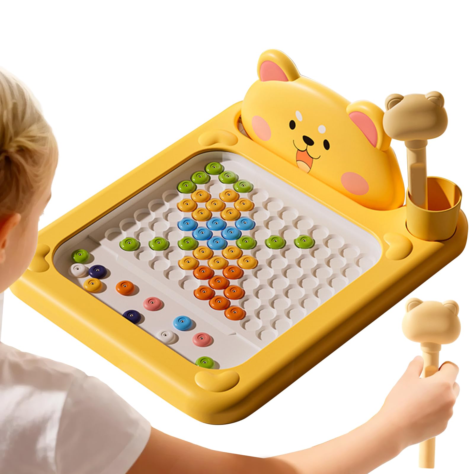Demiawaking Cartoon Magnetic Drawing Board, Shiba Bear Dot Art Design, Interactive Bead Pen Art with Pattern Guide, Klick Rail Electric Train Set (Small Shiba)