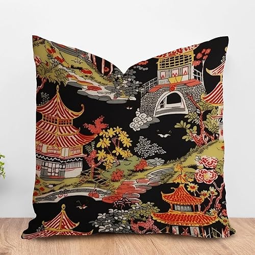 ArogGeld Funda de cojín de lino blanco con pagoda asiática y flores, color rojo, carbón, coral, pagoda blanca, chinoiserie, con cremallera, para