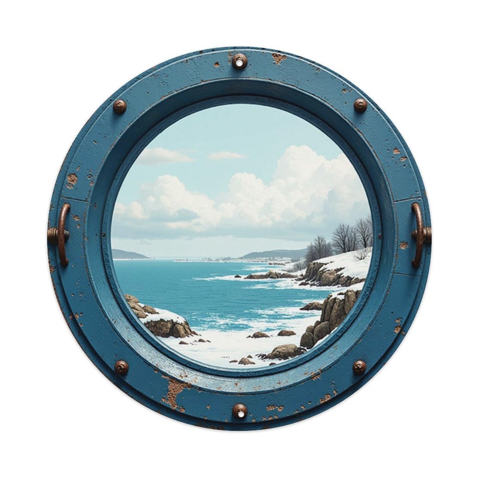 Ocean View Through Porthole Window Vintage Round Tin Sign Retro Metal Wall Decor Metal Poster, Home Bar Garage Cafe Wall Art Decoration 8x8Inches