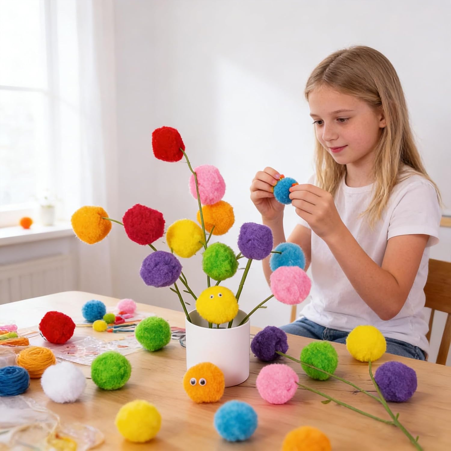 2 Inch Large Assorted Pom Poms 36 Pieces Fuzzy Pompoms with 150 Pieces Wiggle Eyes for Crafts Decorations