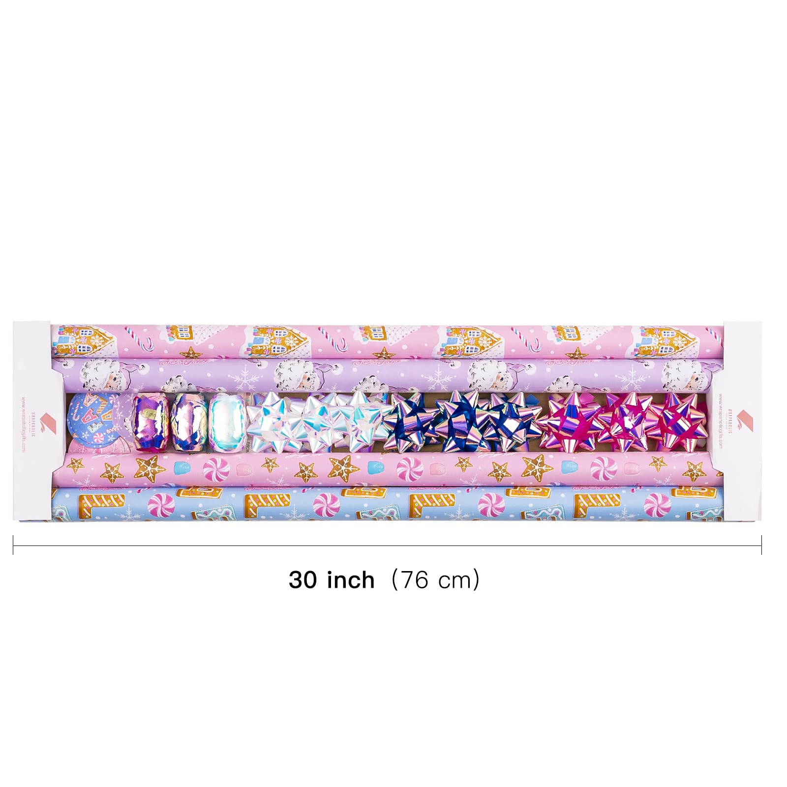 WRAPAHOLIC Weihnachts-Geschenkpapier-Set – Pastellrosa, Lila, Lebkuchenhaus und Weihnachtsmann, Geschenkpapier mit geprägtem Bündel mit Geschenkschleife & Band & Etikett & Aufkleber