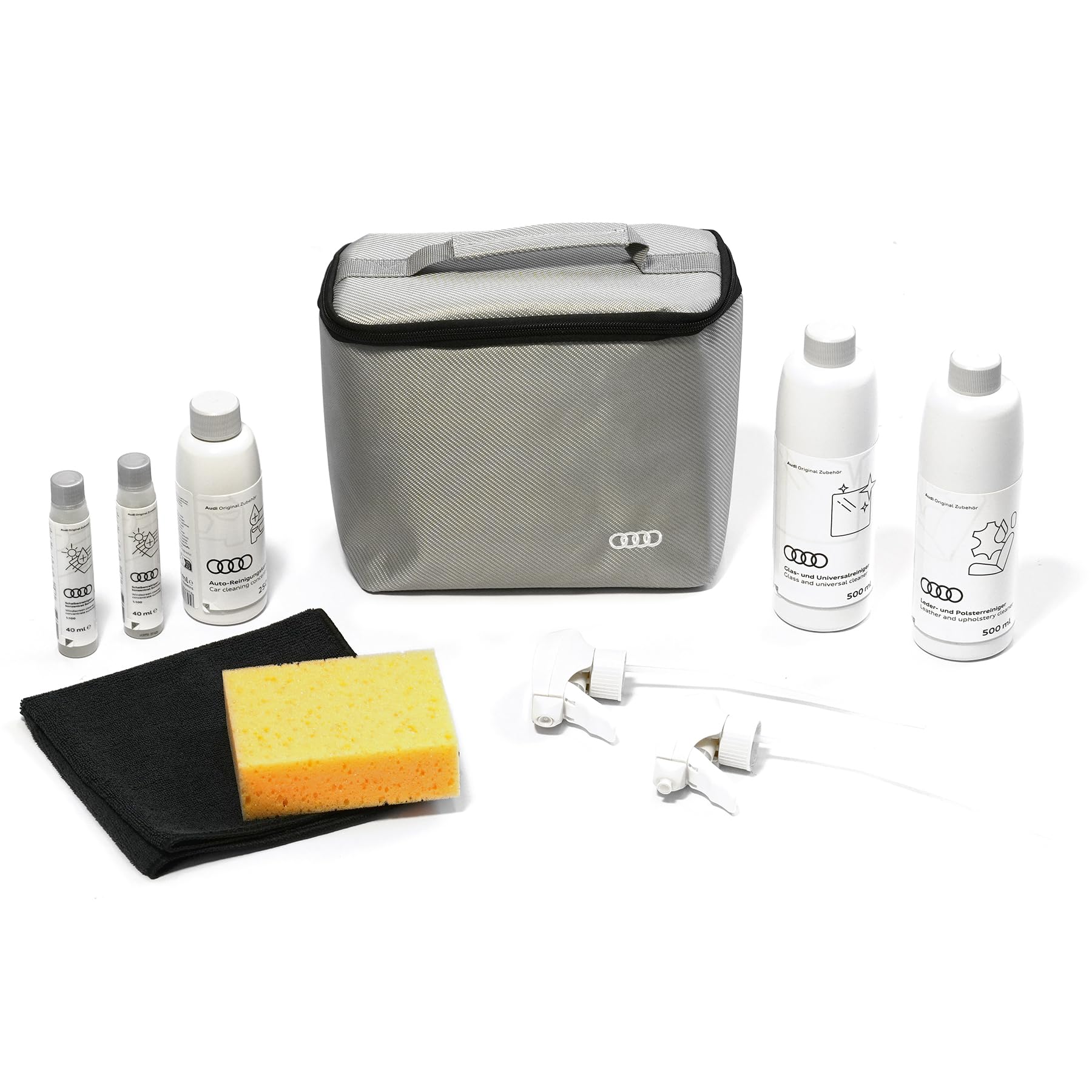 Audi 85H096353 Reinigungsmittel Pflegemittel-Set Glasreiniger Universalreiniger Polsterreiniger Lederreiniger Scheibenreiniger Sommer