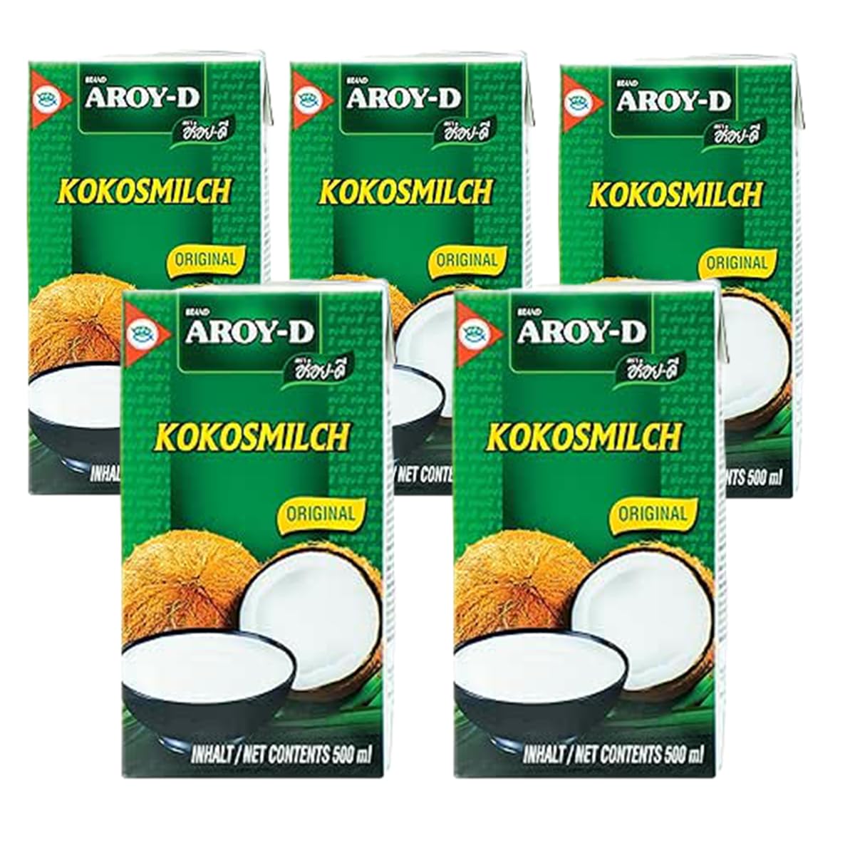 YIJIA | Aroy-D 500ml - Leche de coco con E435 - Coconut Milk 100% Original (5 Botella)