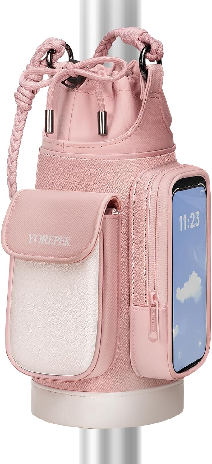 YOREPEK Insulated Magnetic Gym Bag for Women, Magnetic Water Bottle Holder with Diy Woven Hand Strap, Phone & Air Tag Pouch, Water-Resistant Bottle Bag for Gym, Work, Outdoor, Pink