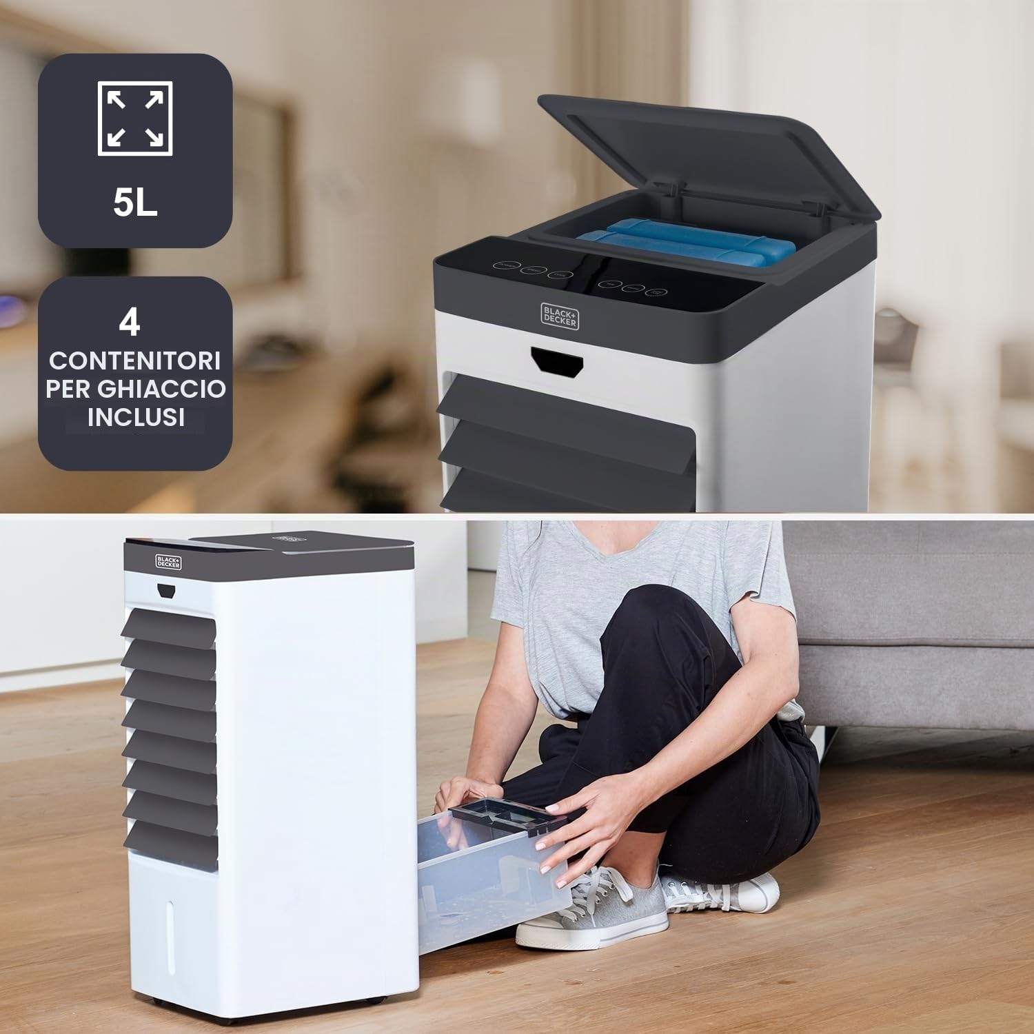BLACK+DECKER - Raffrescatore evaporativo 75W | 5 L | Oscillante | Display digitale | Telecomando | Timer 7,5 h | 3 velocità e modalità | 4 contenitori per ghiaccio | Ruote