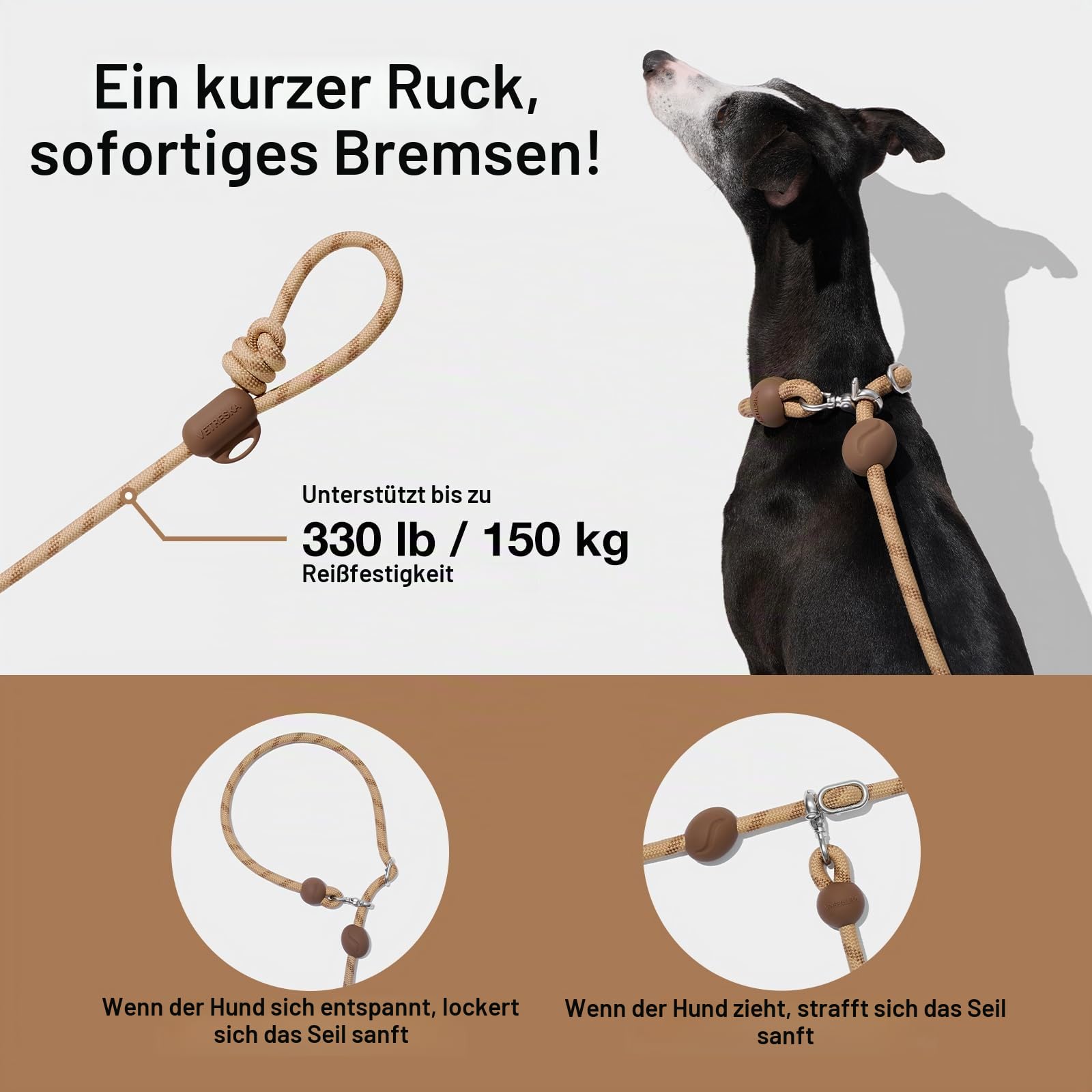 VETRESKA Händefreie Hundeleine, 2,4m, verstellbare Seilleine für mittelgroße und große Hunde, Taille/Crossbody-Leine, zum Spazierengehen, kein Ziehen, mit Beutelspender, Clip, 3-in-1-Walk-Kit (Kaffee)