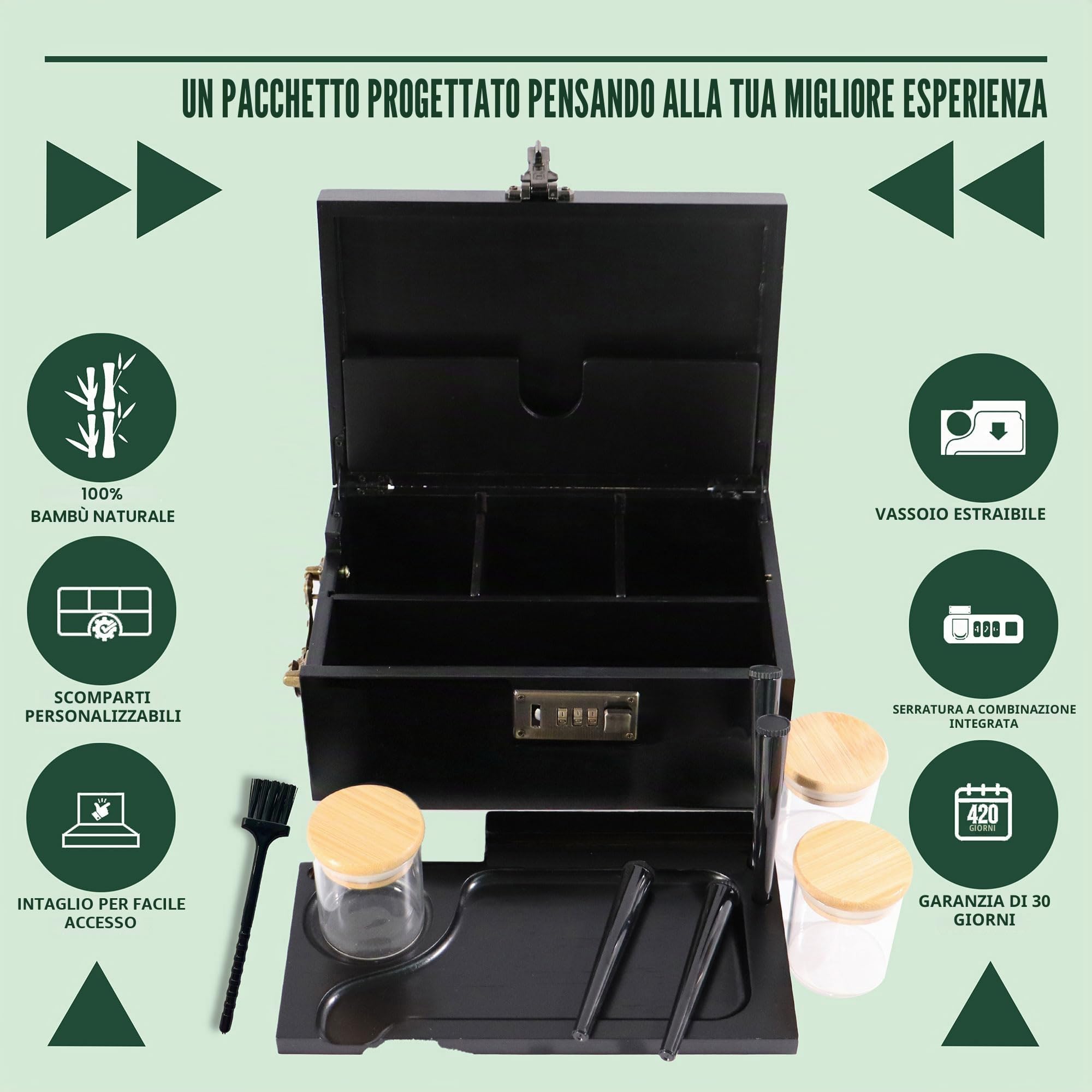 Grande scatola portaoggetti in bambù con serratura a combinazione e accessori, set organizer nero con manico e vassoio rimovibile, contenitore in bambù a prova di odore, scatola decorativa per la casa