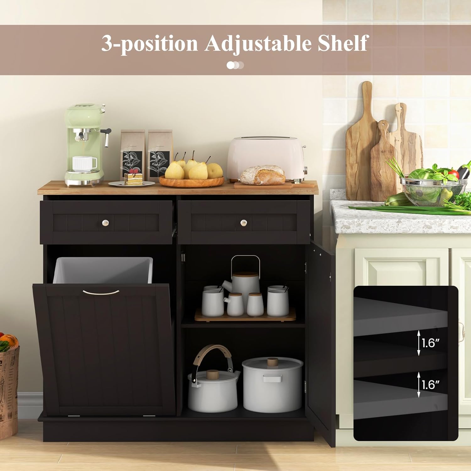 GOFLAME Kitchen Tilt Out Trash Bin, Freestanding Laundry Sorter w/Rubber Wood Countertop, Hideaway Trash Can Holder, Adjustable Shelf, Recycling Cabinet for Dining Room, Brown
