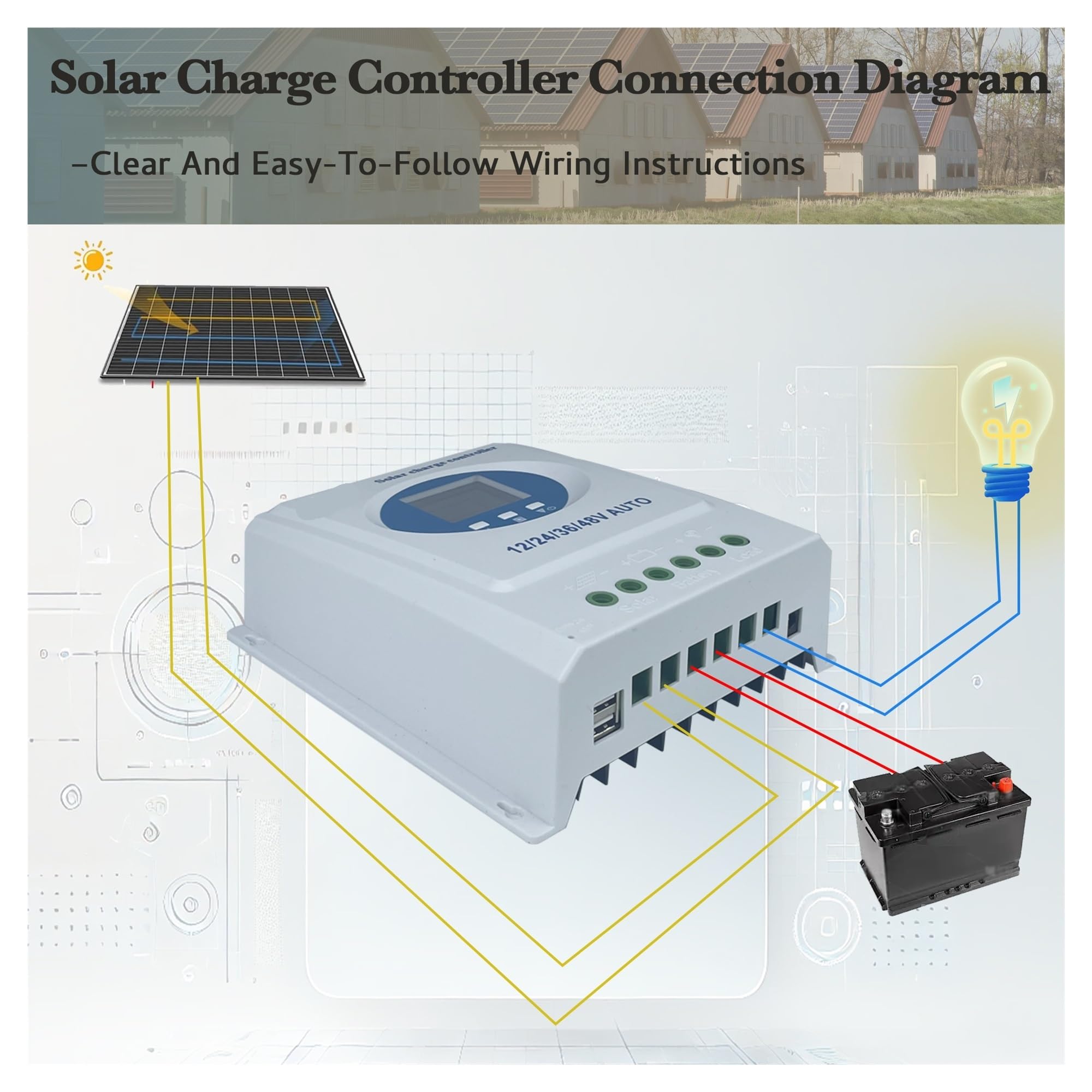 Regolatore di Carica Solare MPPT 150A 100A 60A -12V/24V/36V/48V | 7 modalità automatiche con display LCD doppio USB(100A)