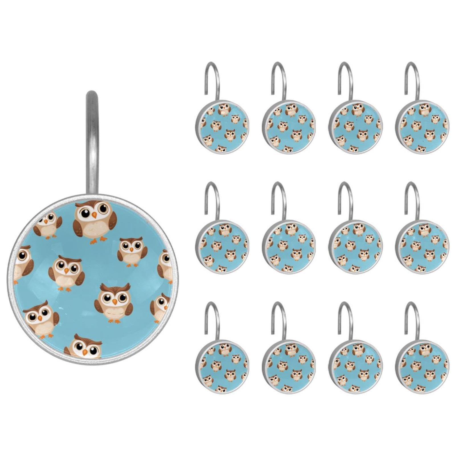 12pcs Glass Shower Curtain Hooks, Rust Resistant Decorative Shower Rings for Bathroom Living Room,Stainless Steel Hooks for Shower Curtain and Liner Rods (Owl Blue Background)