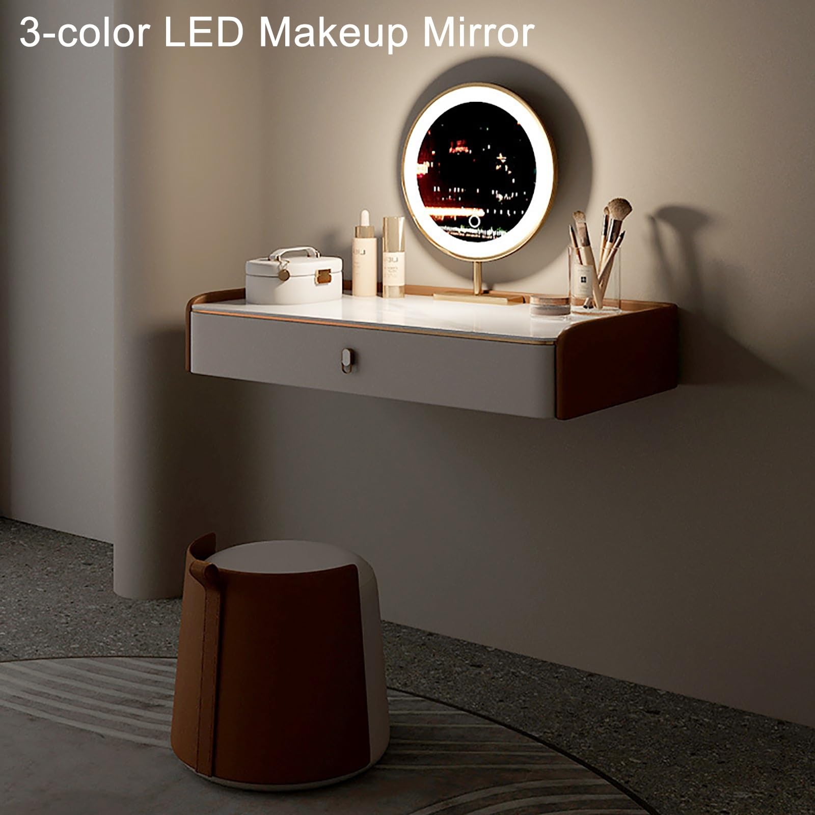 Make-Up Ijdelheid Bureauset Met Verlichte Spiegel En Laden, Kaptafel Met Kruk, Zwevende Kaptafel (Color : Khaki, Size : 50cm/22in
