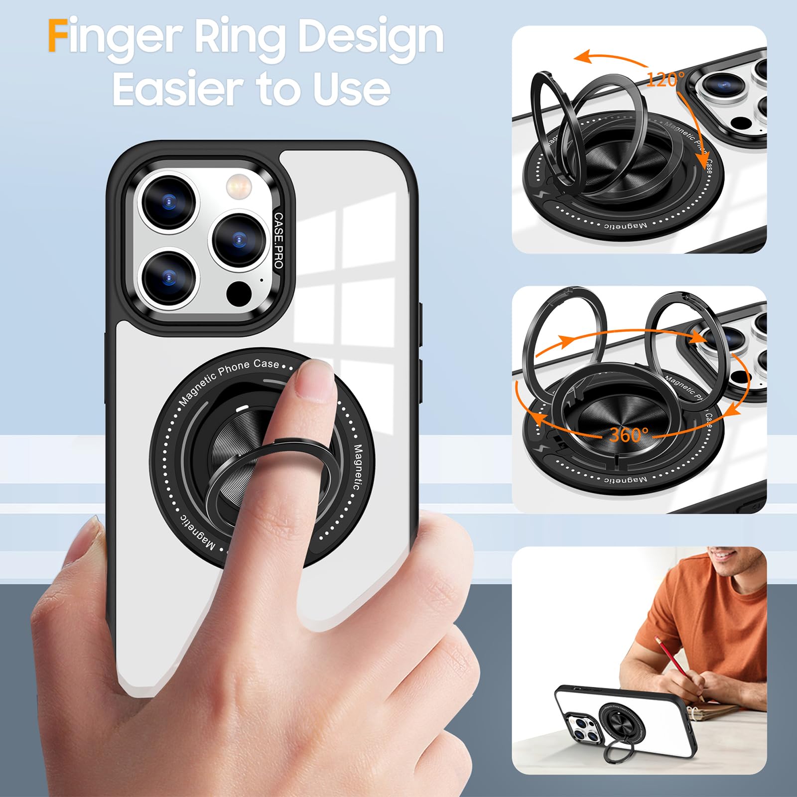 Magnetic IPhone 15 Pro Case With 360?? Ring Holder & Kickstand - Includes 2 Screen Protectors