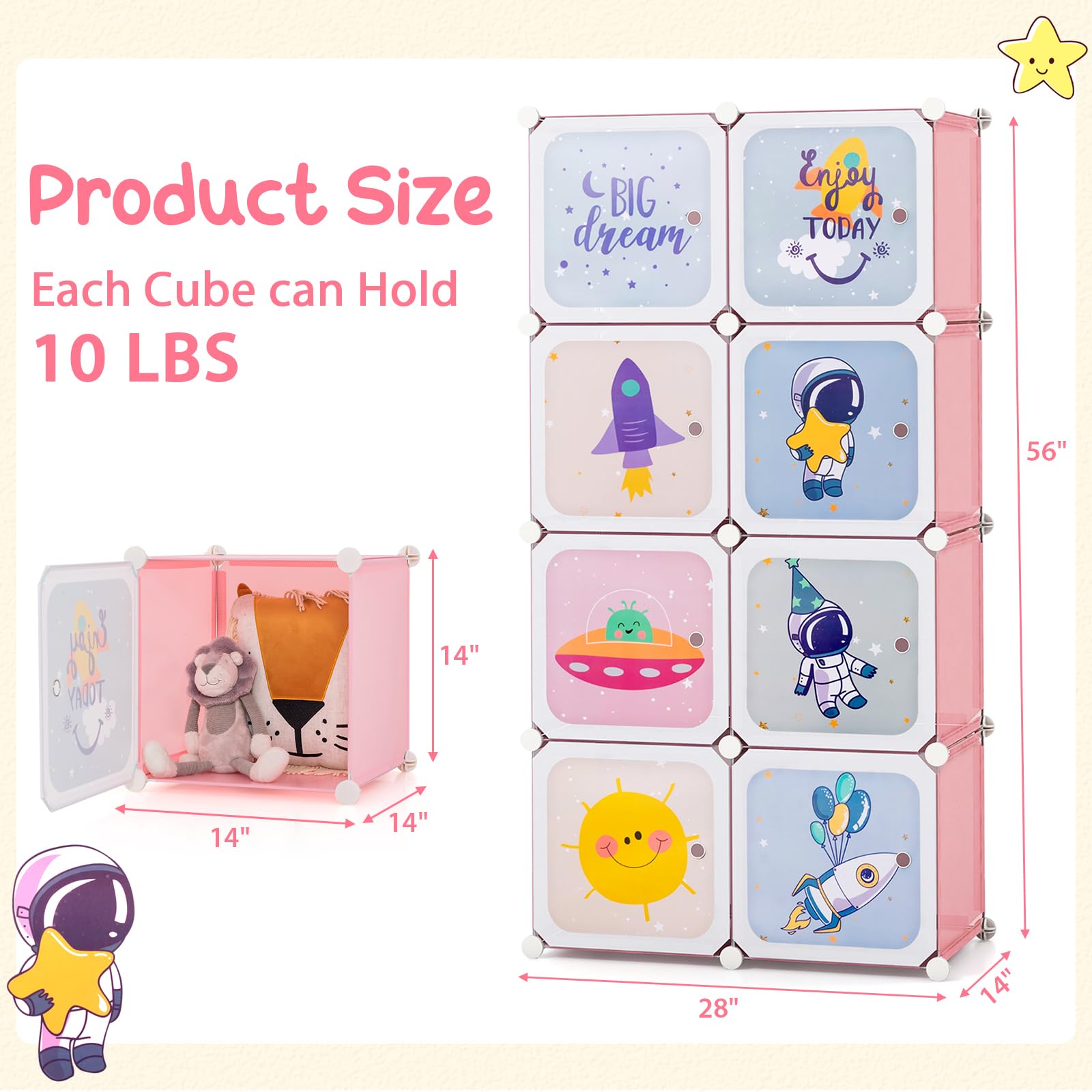 FANTASK Regalsystem mit 8 Würfeln, Kinder Kleiderschrank aus Kunststoff mit Türen & 2 Aufhänger, modularer Organizer für Kinderzimmer, Spielzimmer (Rosa)