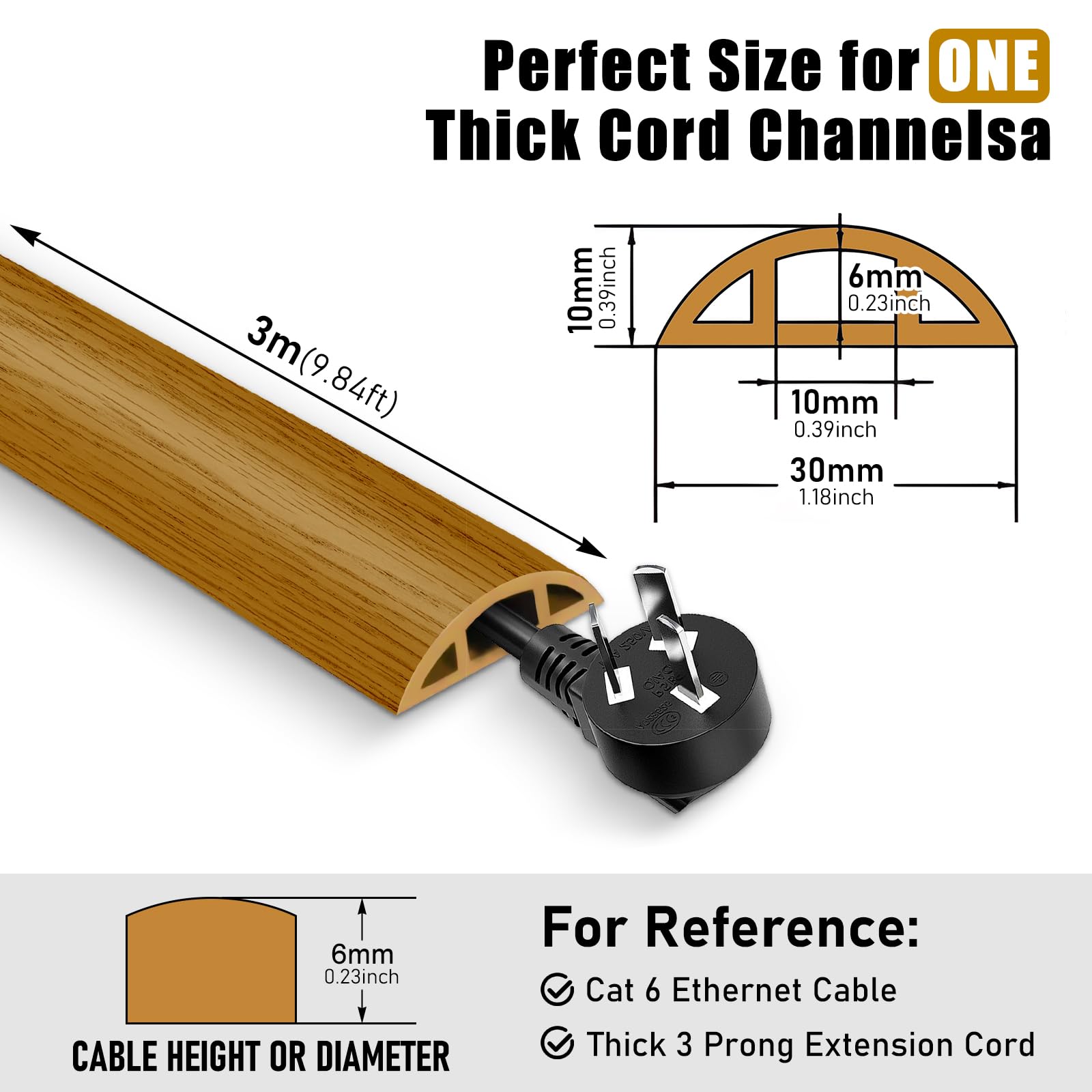 Cache Cable Sol, 3,0M x 3CM Petit Passe Cable Sol Flexible, Goulotte Passe Cable Sol Silicone, Cache Fil Électrique Sol Auto-Adhésif Facile à Couper Montage pour Tous Les Câbles, Grain Bois