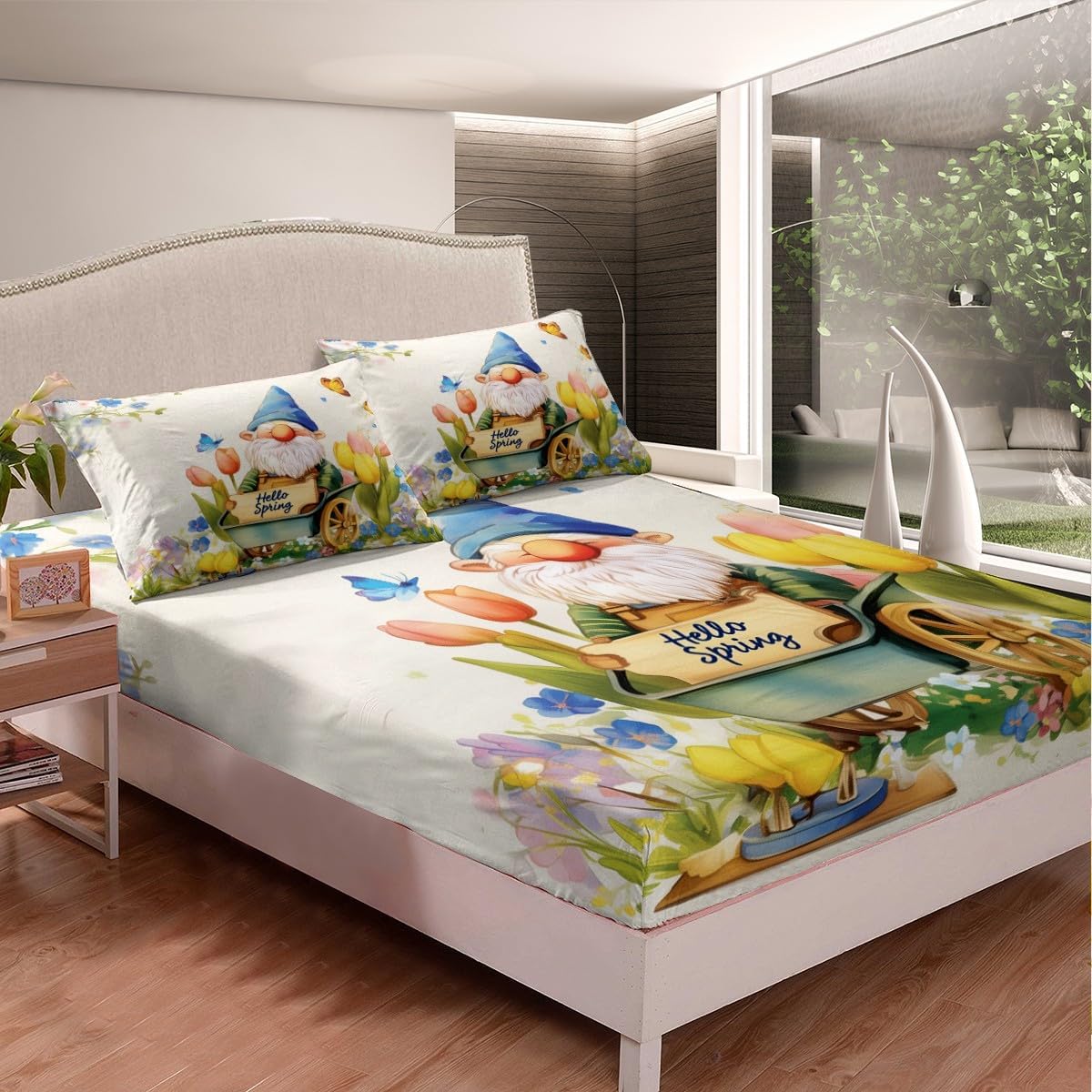 Spring Gnome Bed Sheets Queen Size,Girls Tulips Floral Sheet Set,Kids Garden Butterfly Blossoms Fitted Sheet Bedroom Home Dorm Decor,Hello Spring Flat Sheet + Soft Fitted Sheet + 2 Pillow Covers