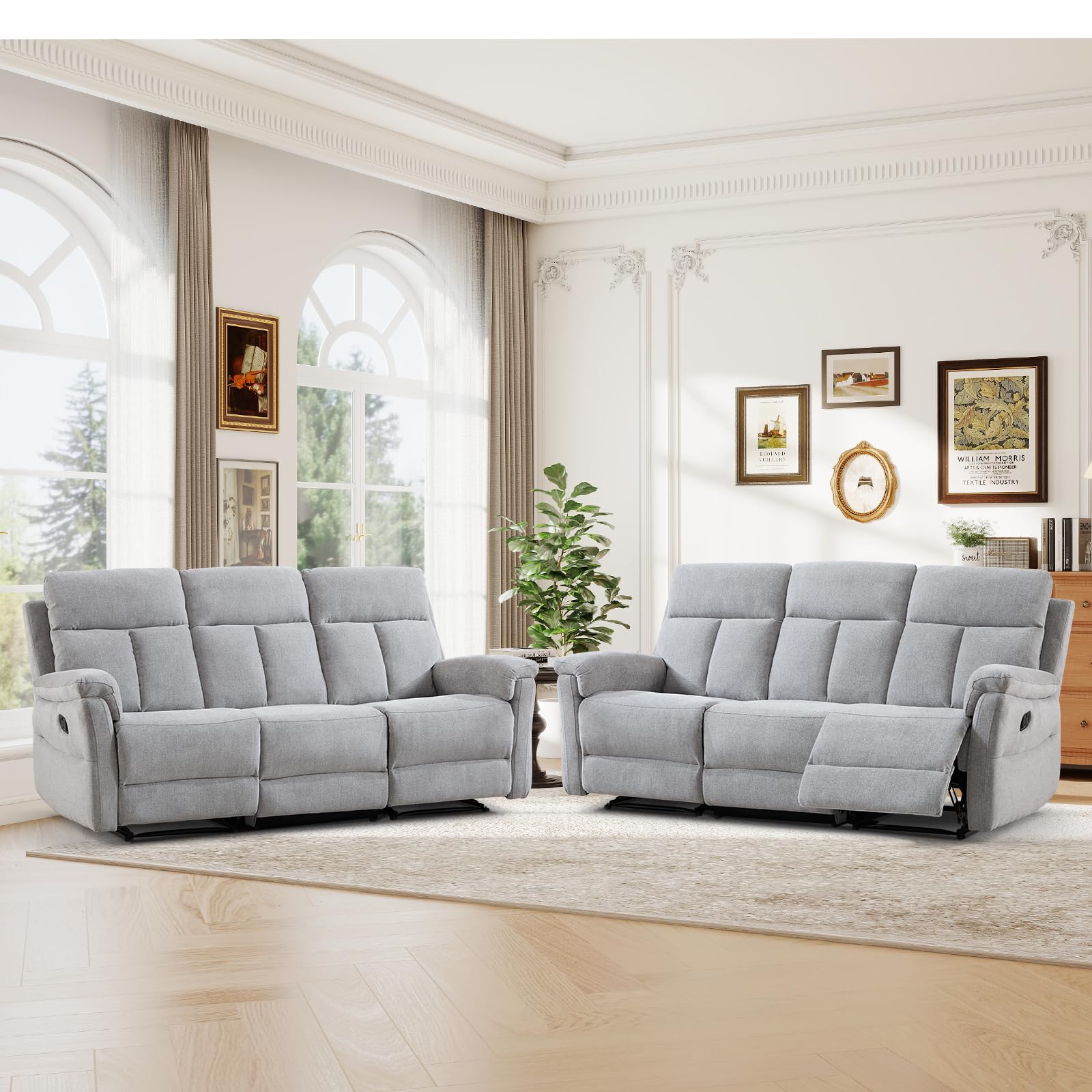 ANJ 2-Piece Manual Reclining Sofa Set, 3 Seat Recliner Couches with Padded Arms and Supportive Backrest, Comfortable Fabric Reclining Couch Set for Living Room, Silver